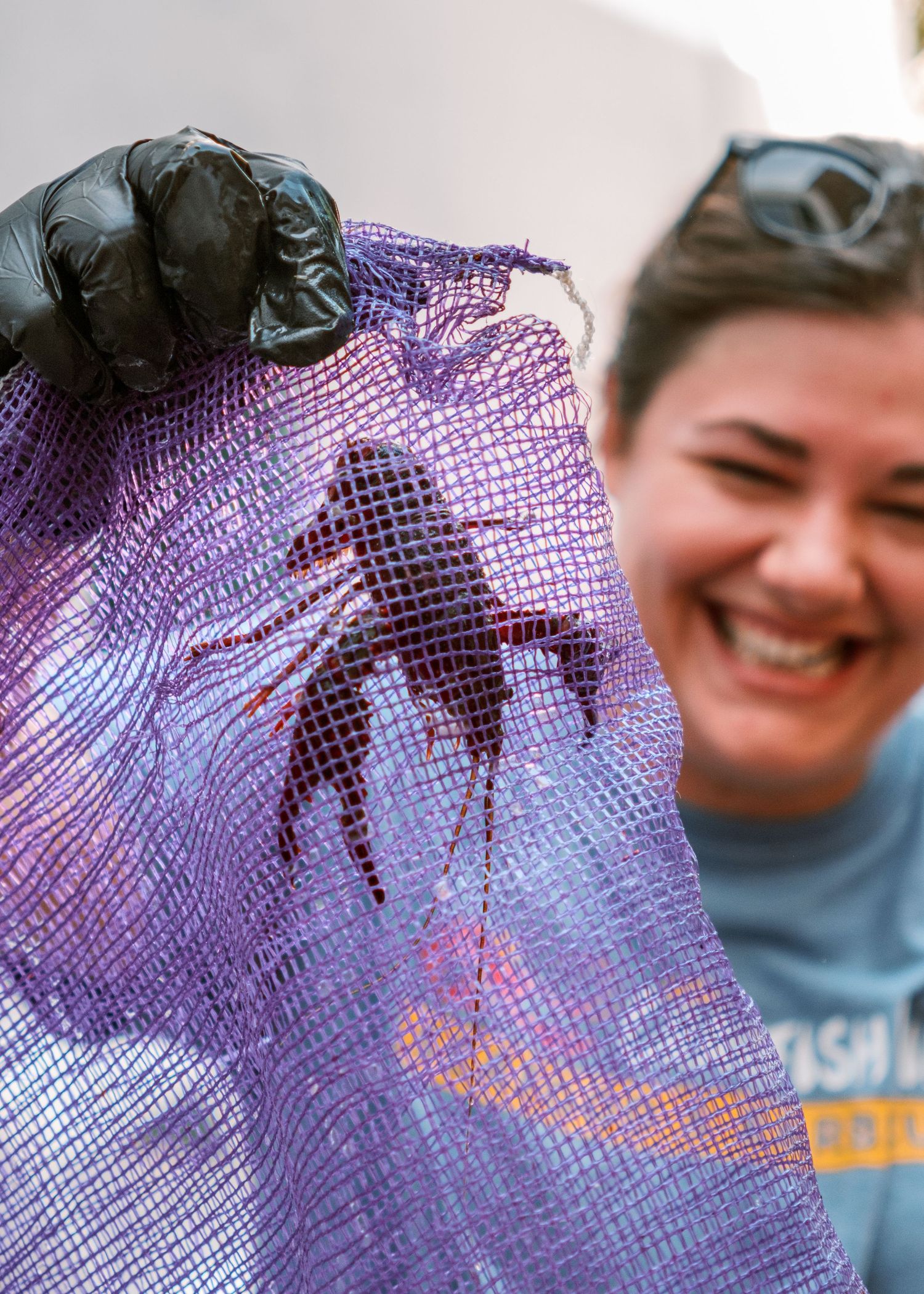 Purple mesh fabric being sewn on an industrial sewing machine.