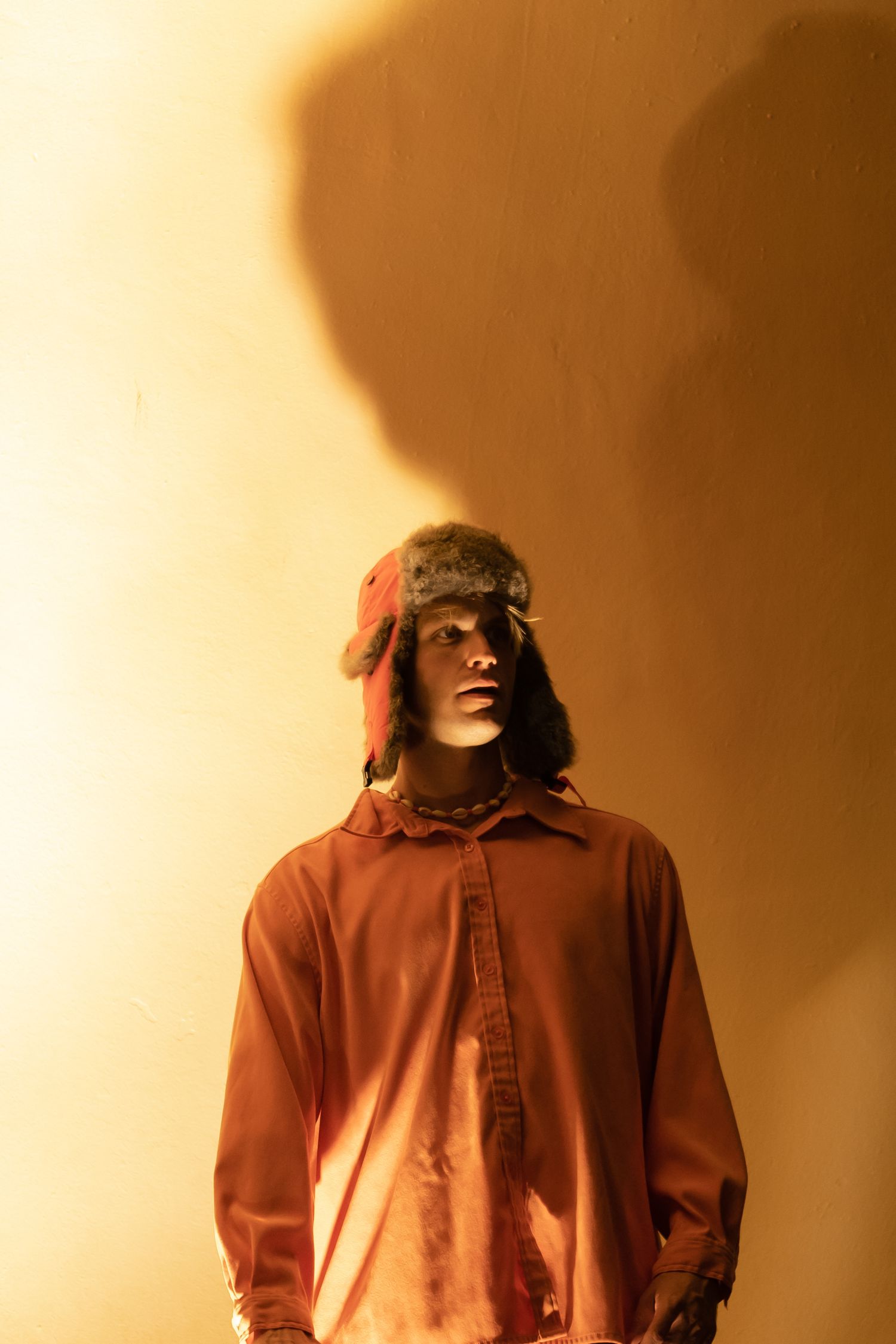 Artistic portrait in warm tones with dramatic shadow on wall.