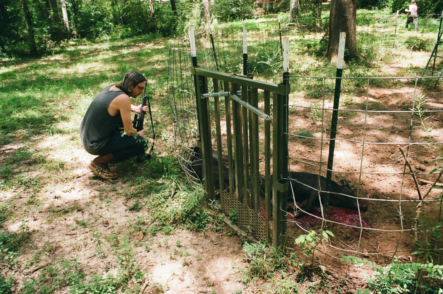 Hunter observes the board he has trapped and killed for food in the coming days.