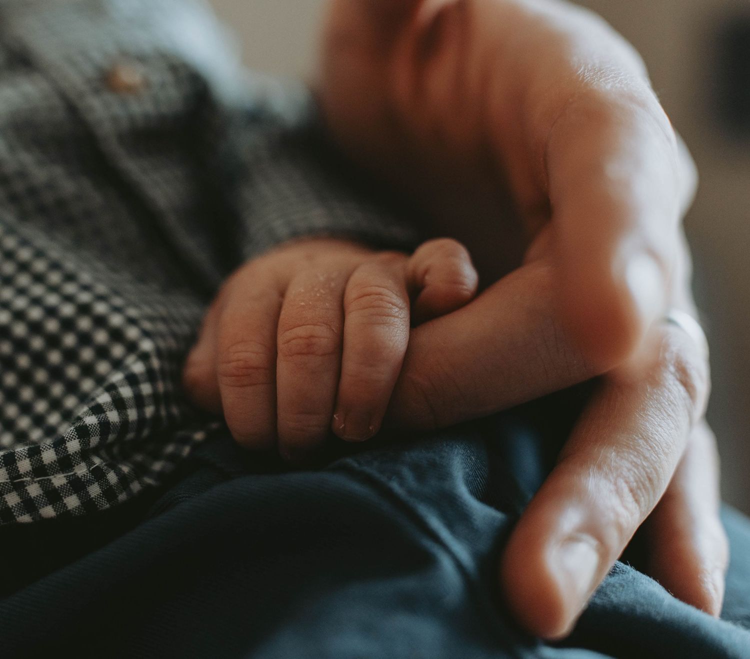 A newborn baby's tiny hand gently gripping an adult's finger, symbolizing new life and parental bond.