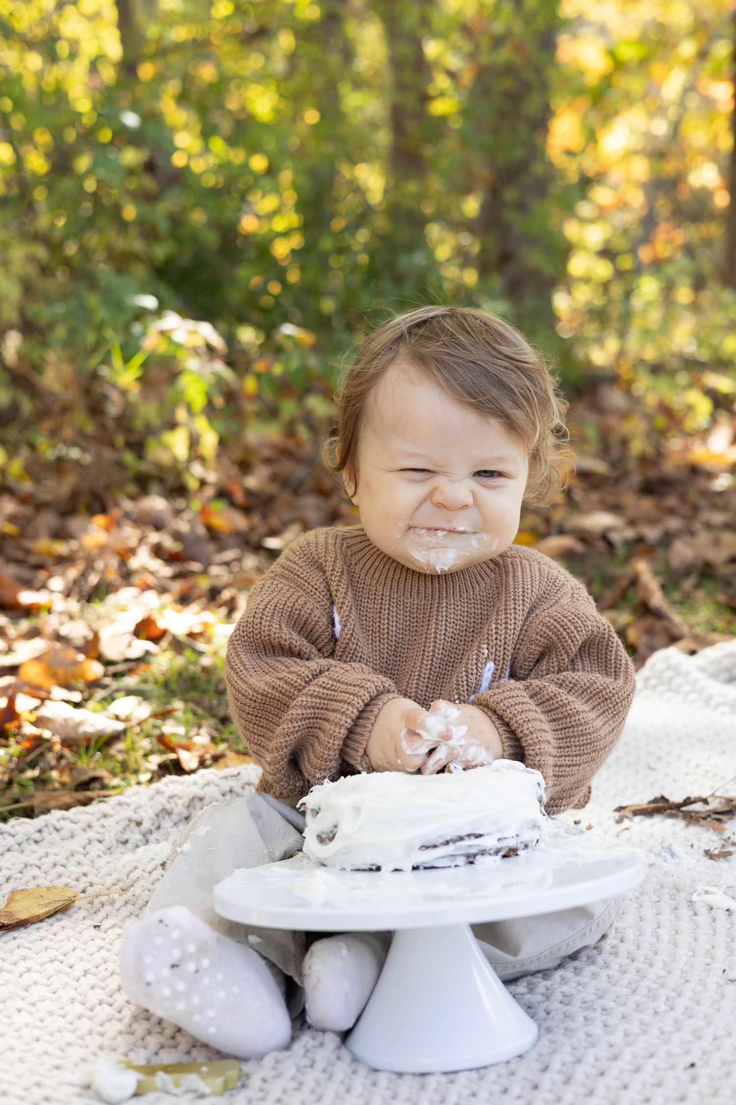 A small child in a brown sweater sits on a blanket with a white cake stand in an autumn outdoor setting.