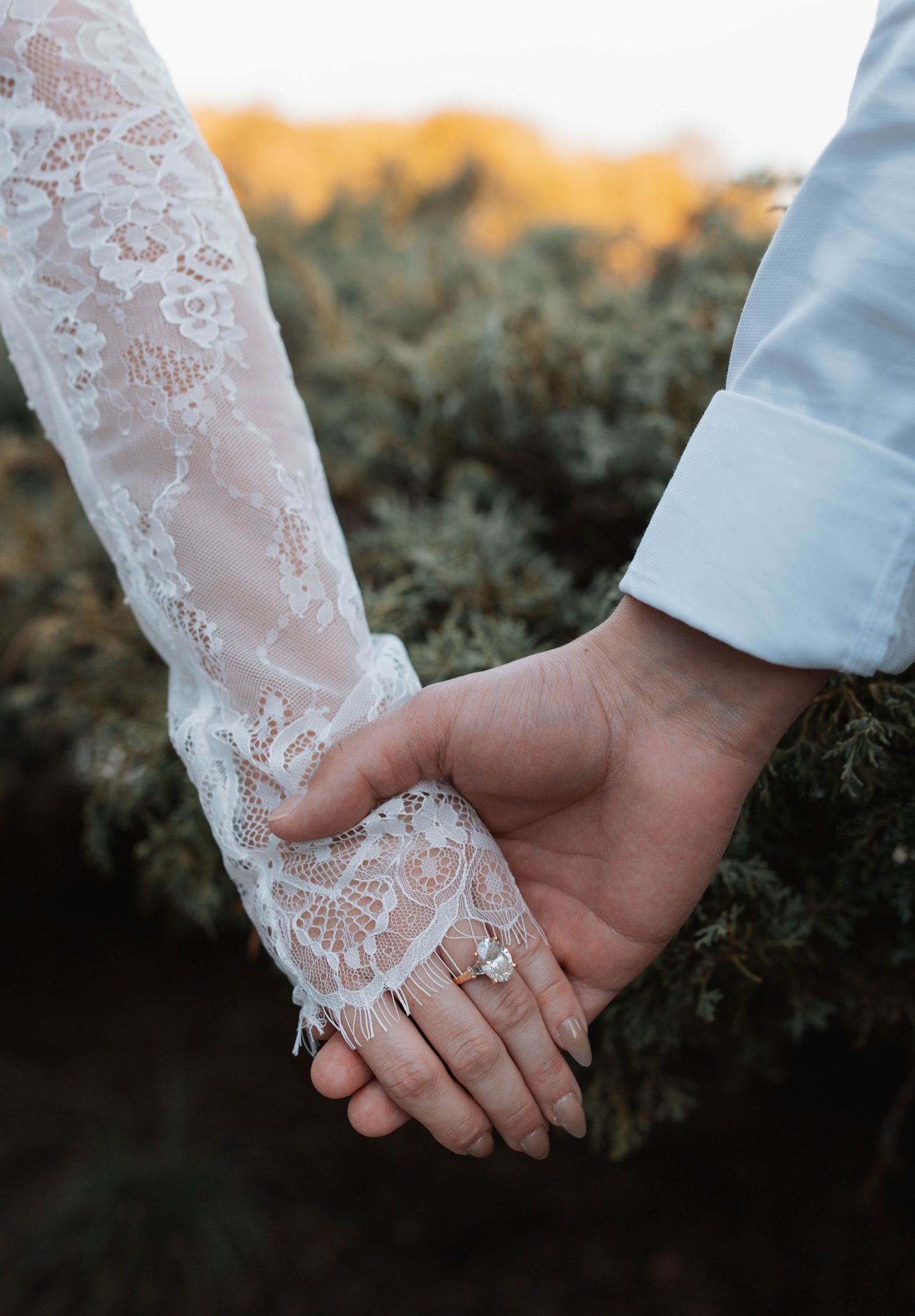 A series of close-up shots showing hands clasped together with a delicate lace sleeve and engagement ring at sunset.