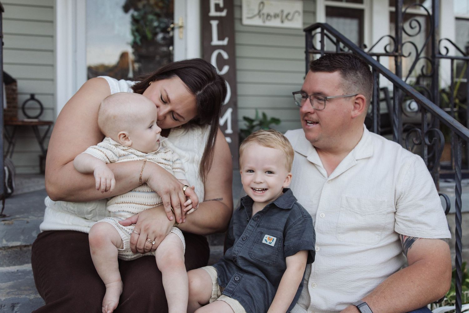 A collage of family moments showing parents and children sitting together on outdoor porch steps.