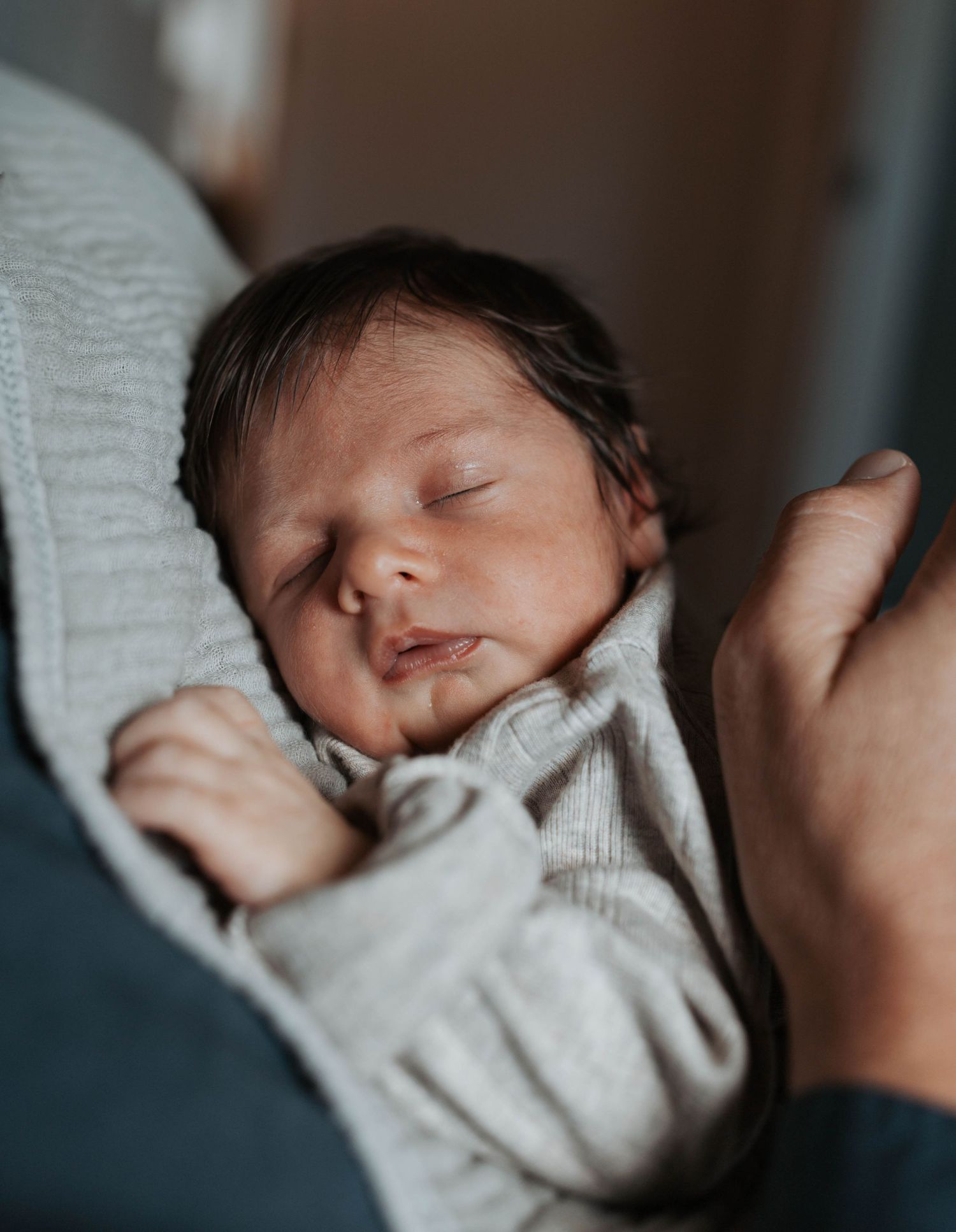 Newborn baby sleeping peacefully in a parent's arms, wrapped in a soft gray knit outfit.