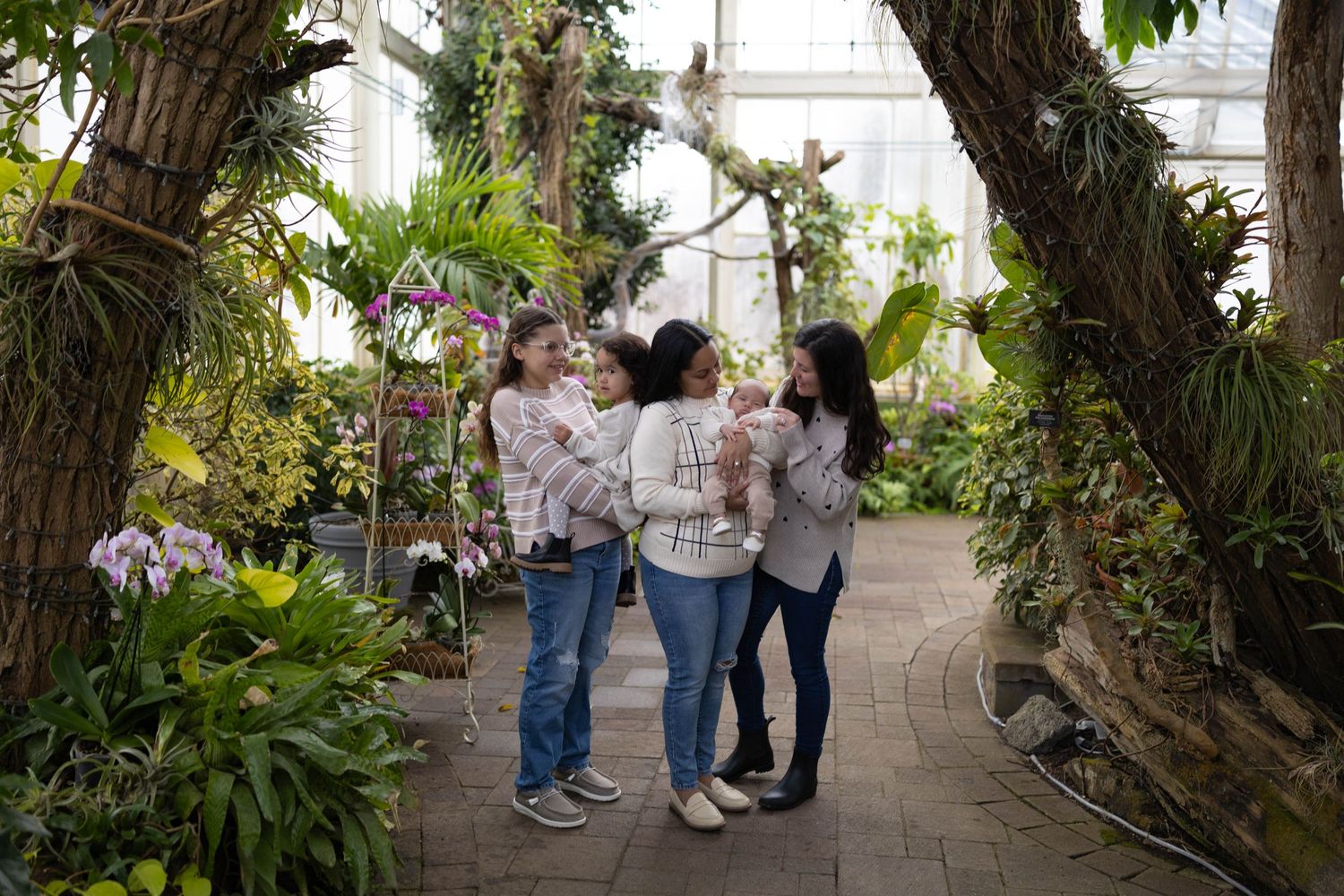 Group of visitors gather in a lush greenhouse walkway surrounded by tropical plants and hanging orchids.