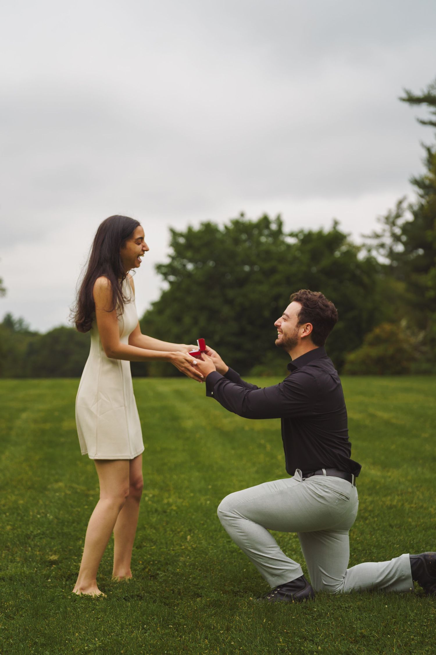 A couple stands in a grassy field during a romantic proposal on an overcast day.