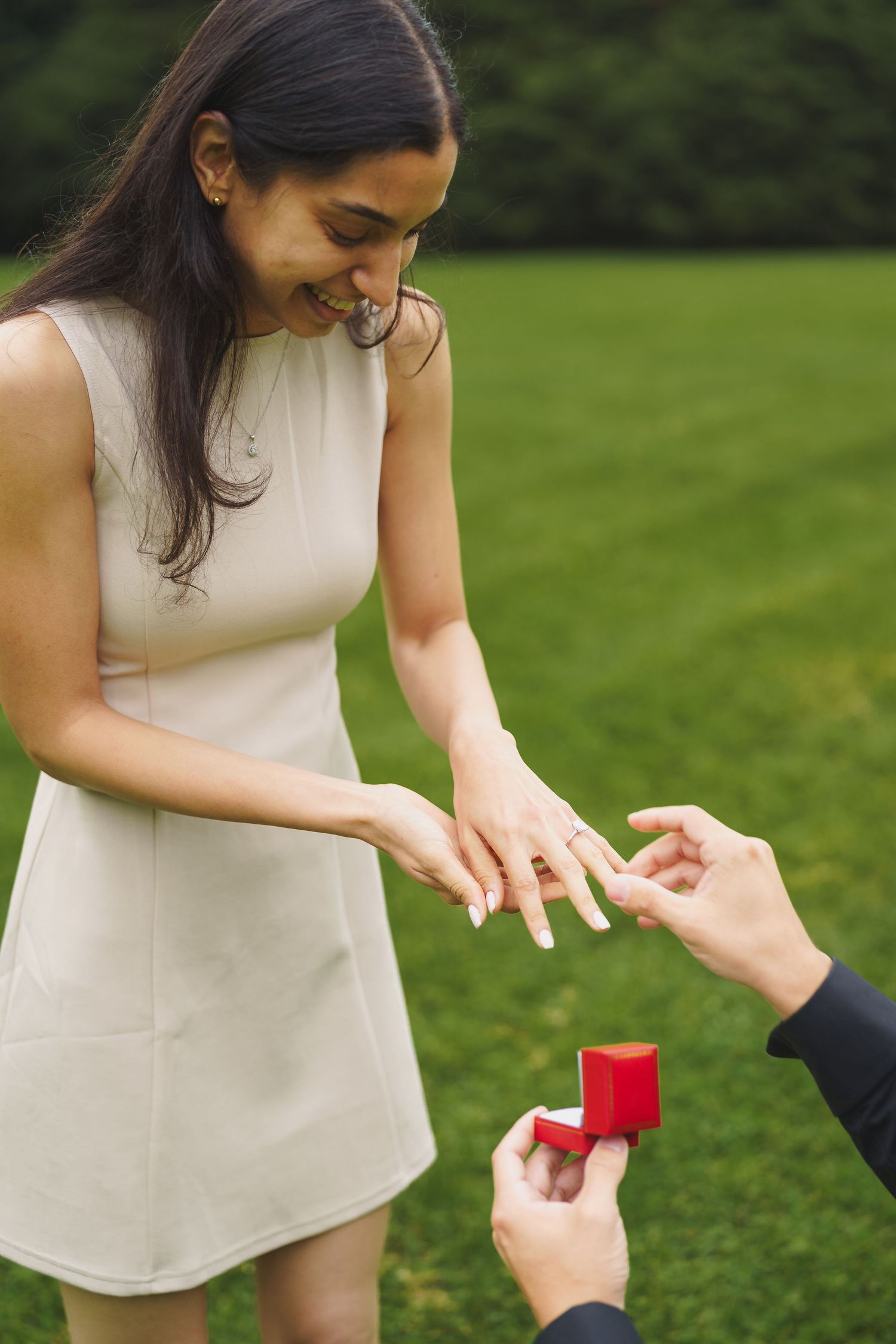 A sequence of photos showing a marriage proposal outdoors on green grass with a small red ring box.