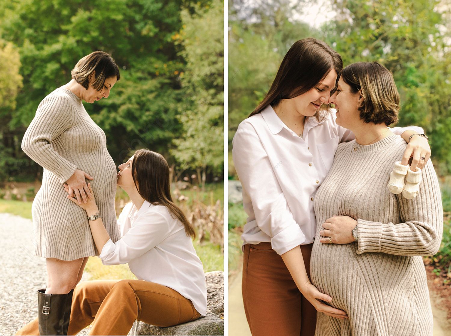Couple in casual autumn outfits embracing outdoors in romantic photo collage series.