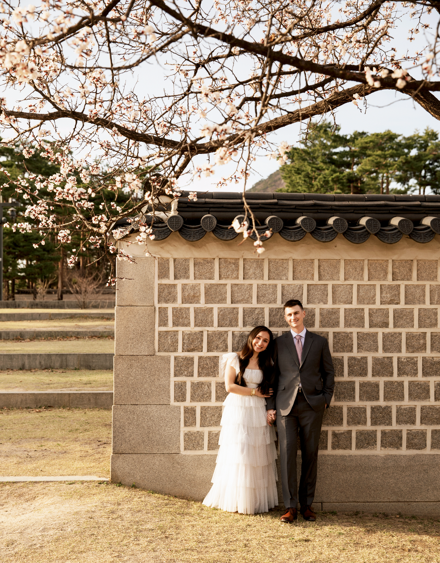 A couple poses in front of a stone wall during cherry blossom season at a traditional Korean temple.