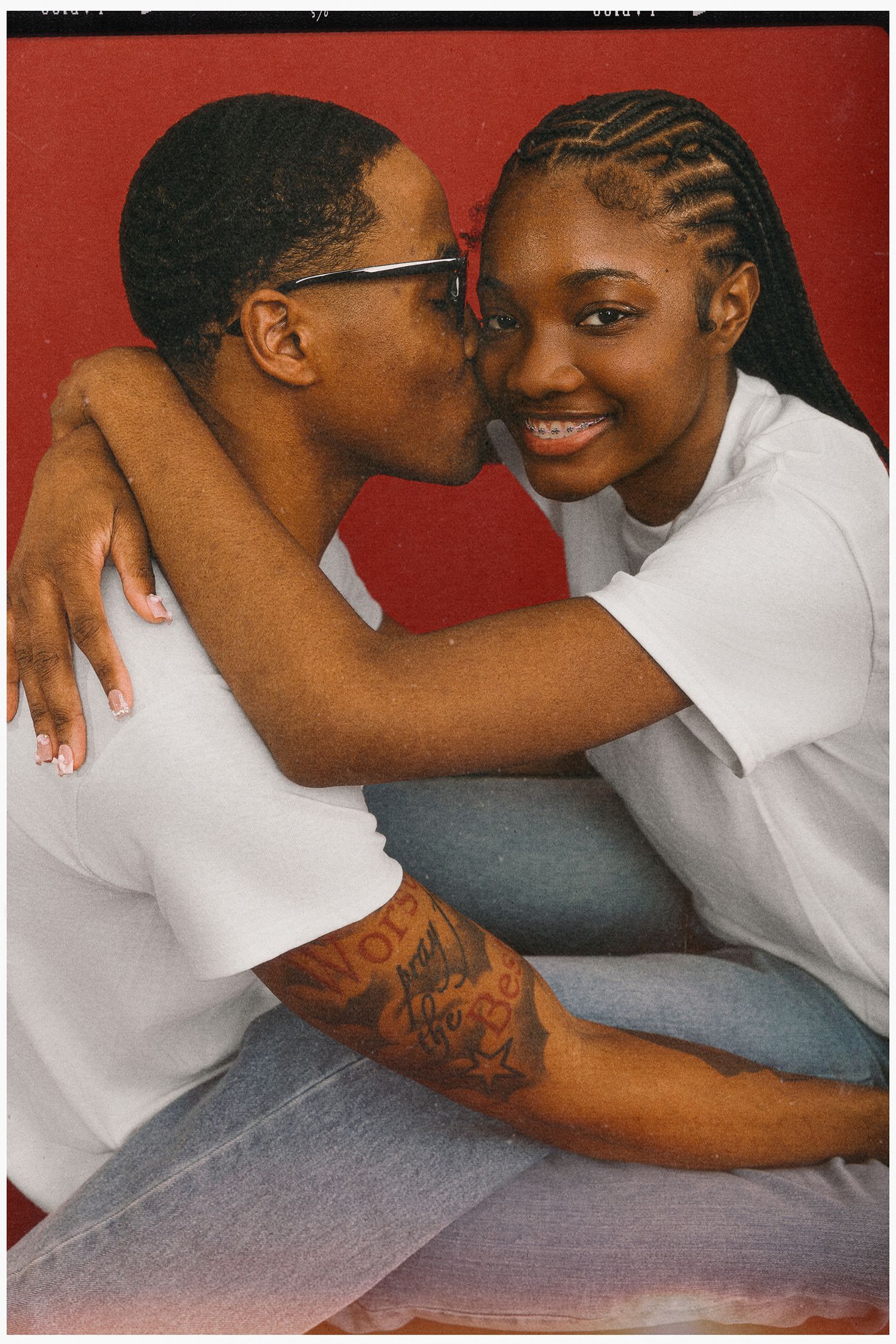 A couple shares intimate moments in a series of progressive photos showing affection and closeness.