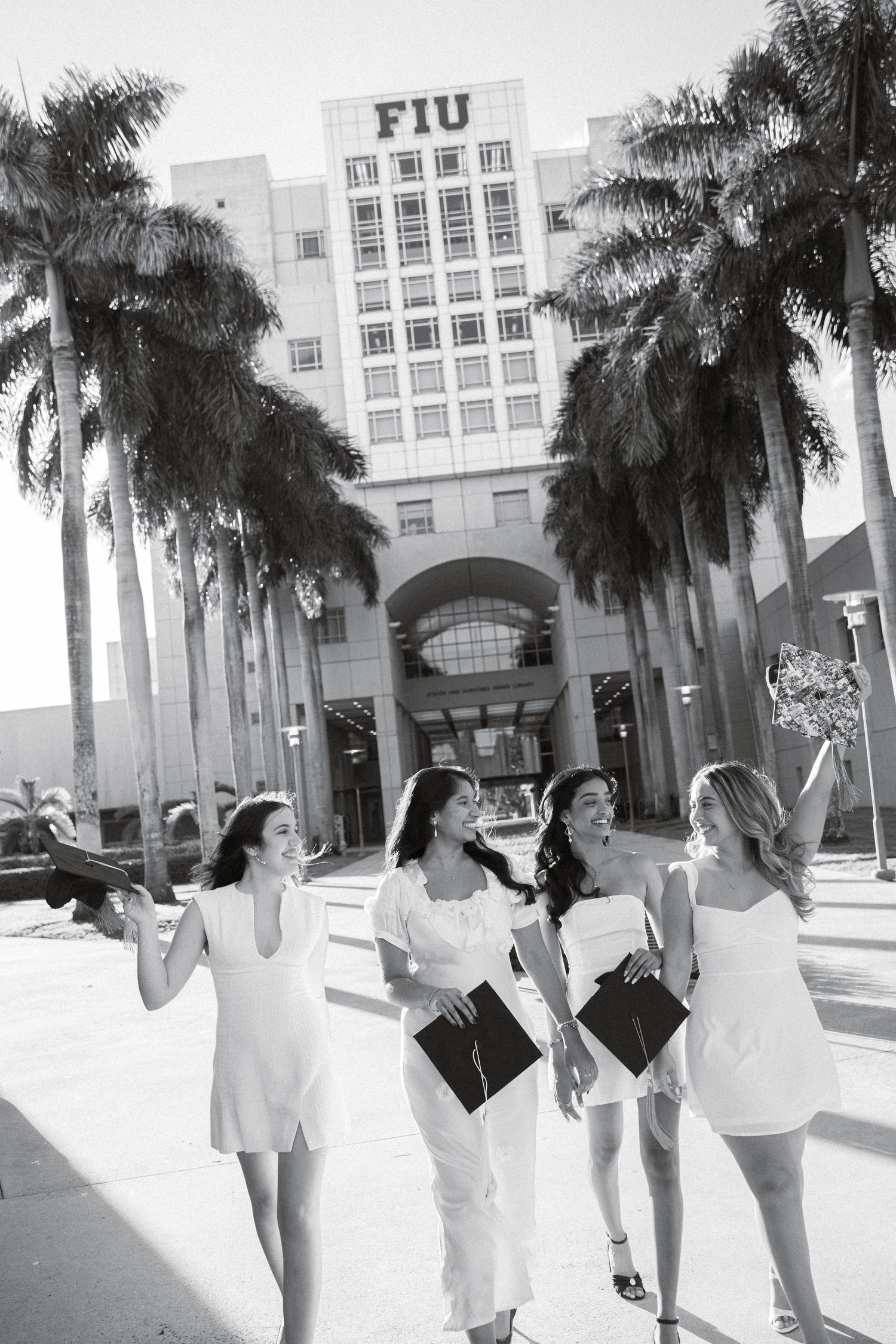 A sequence of black and white photos showing students walking along a palm-lined path at FIU campus.