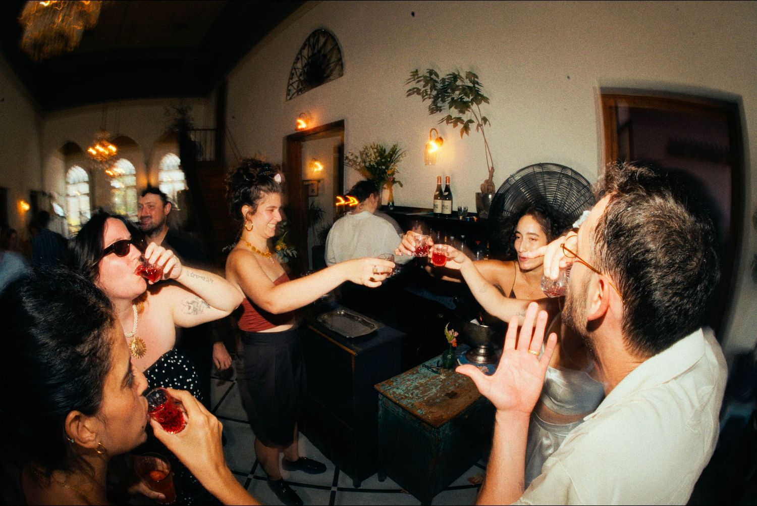Partygoers dance and celebrate in a dimly lit indoor venue.