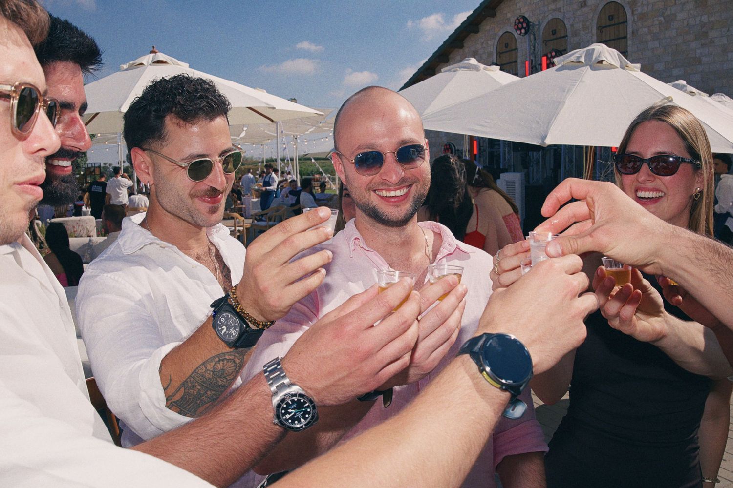 Group of friends toasting drinks outdoors at a sunny social event, smiling and celebrating together.