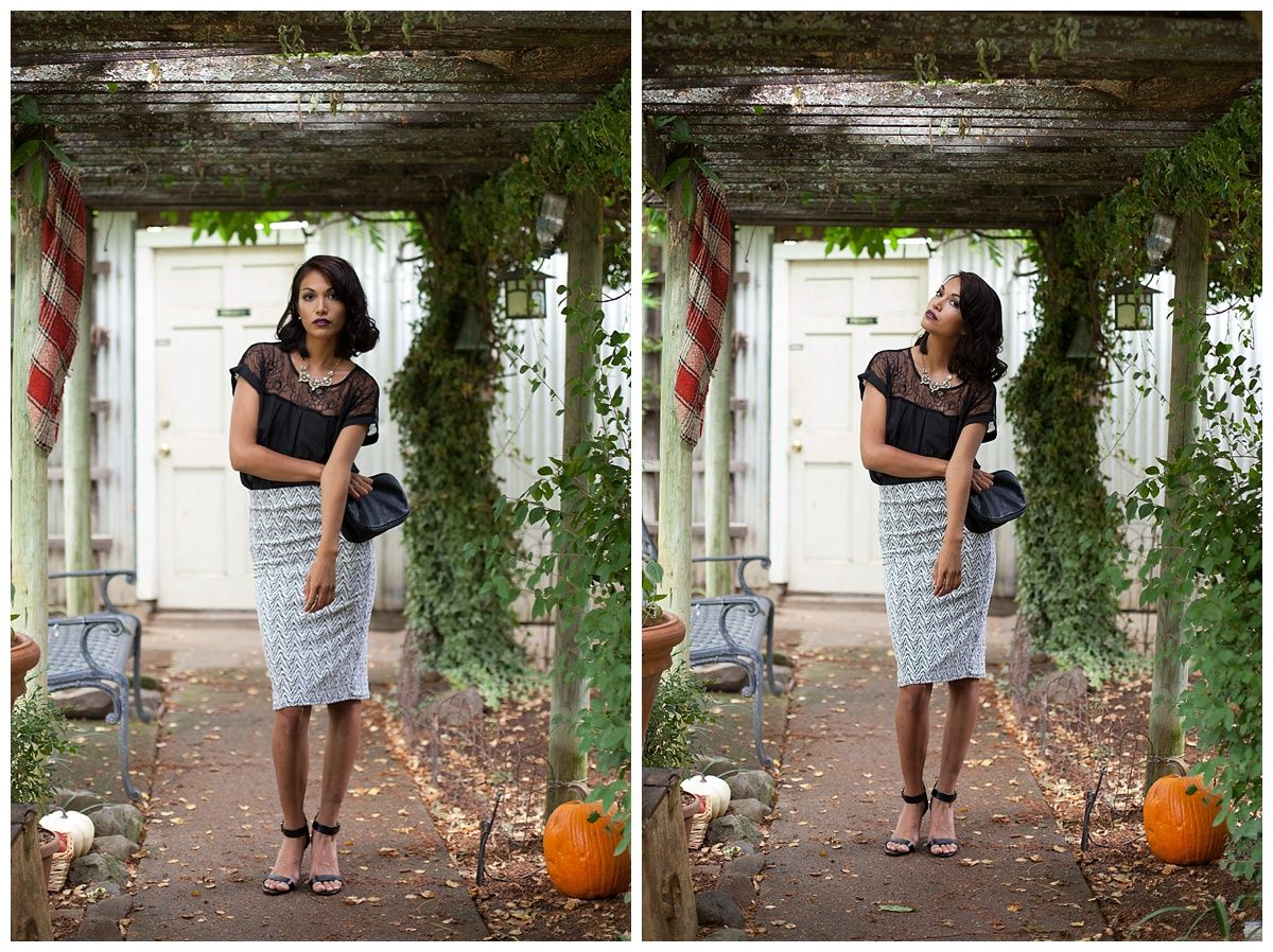 Fall themed photoshoot under vine-covered pergola with pumpkin decoration.