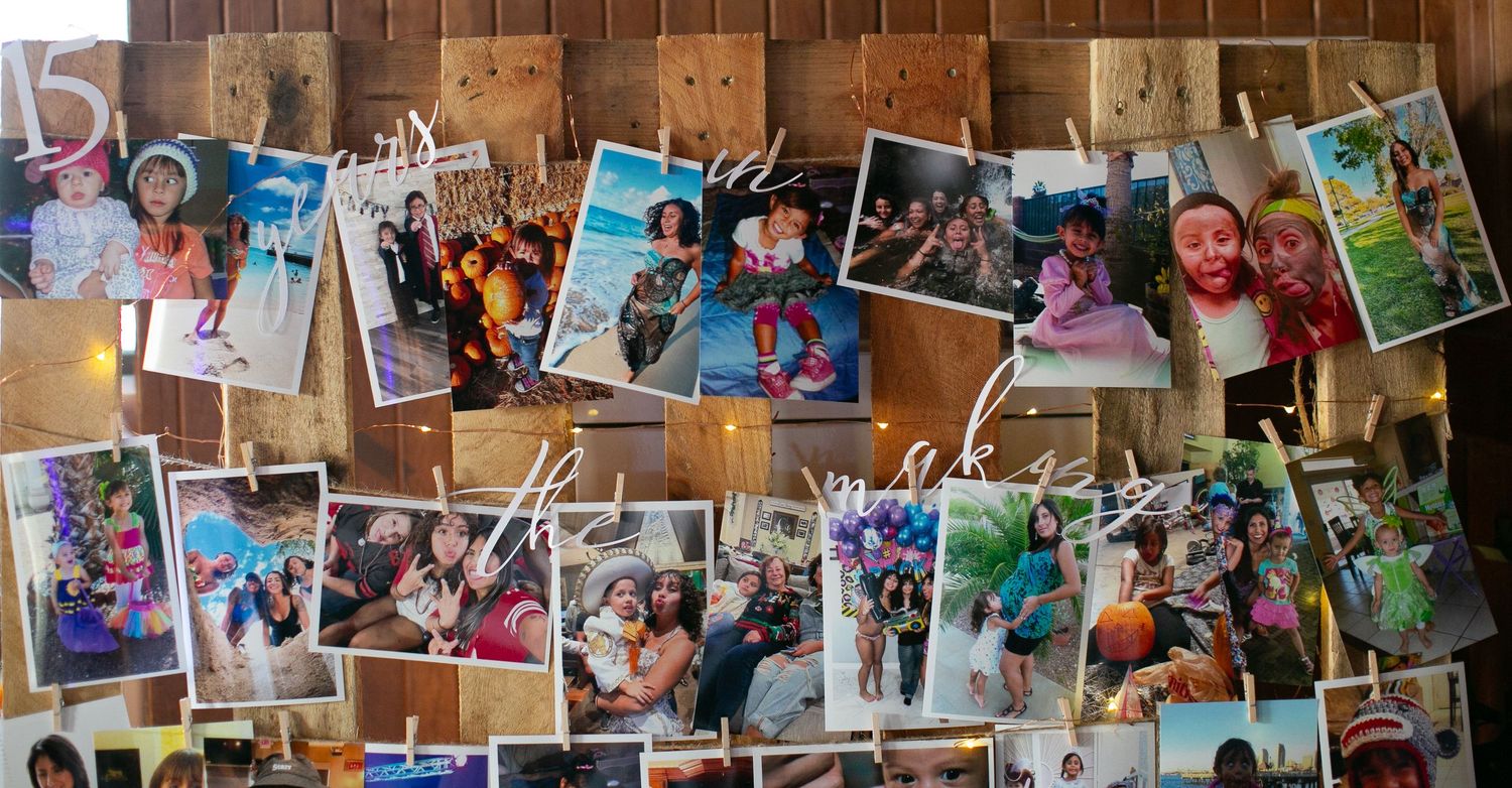 A collage of candid photographs arranged on a wooden background showing memories and celebrations.