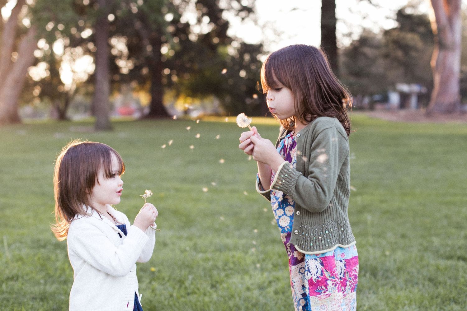 Children blowing bubbles and playing together in a grassy field at sunset.