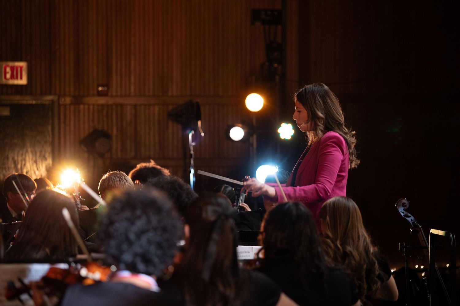 Orchestra conductor leads musicians during dimly lit performance.