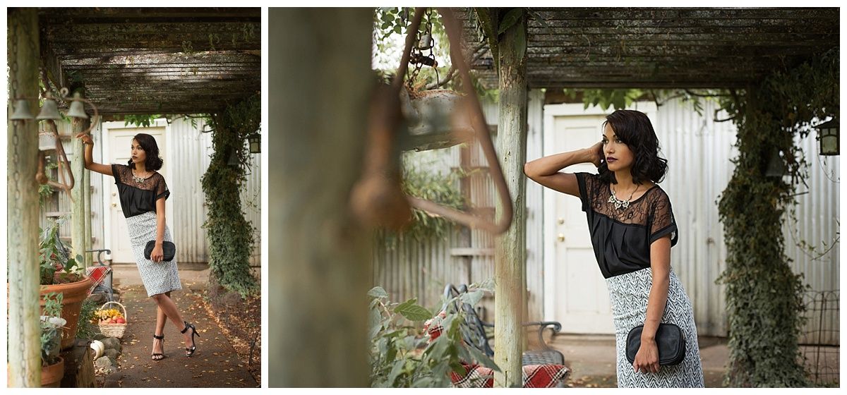 Creative fashion photography sequence under rustic wooden archway.