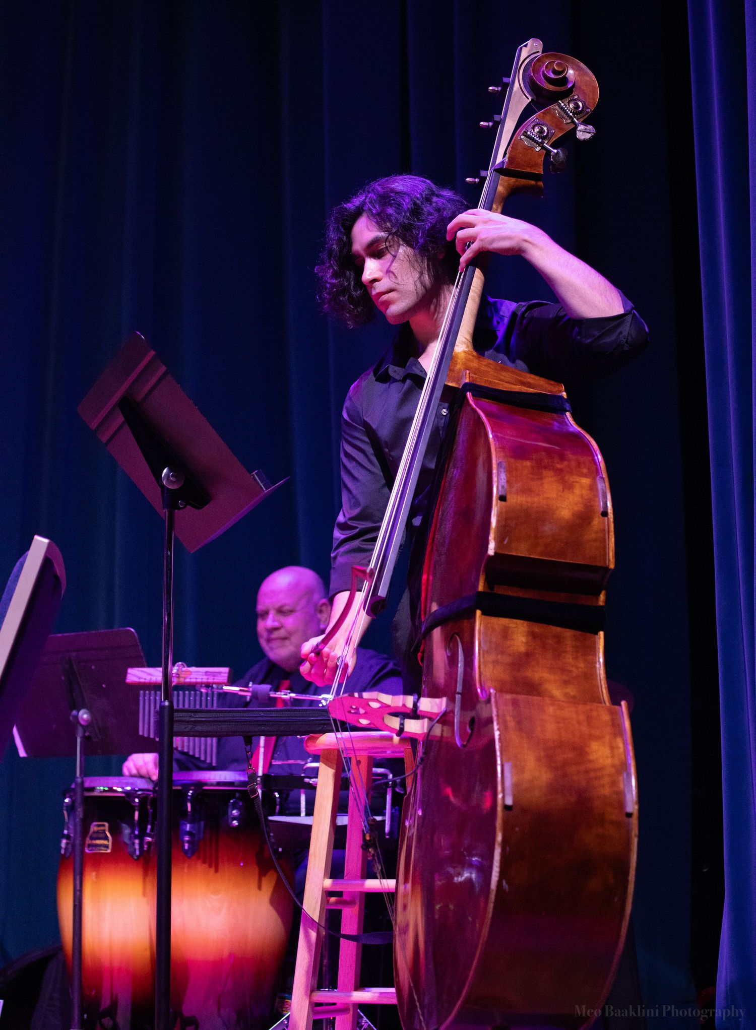 Musician playing upright bass on stage with dramatic purple lighting during jazz performance.