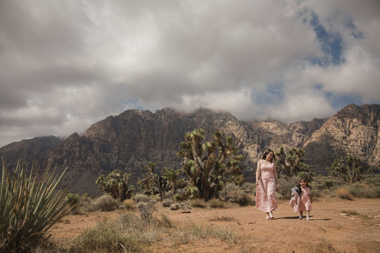 Walking figures in pink attire explore desert trail with mountains and joshua trees in background.