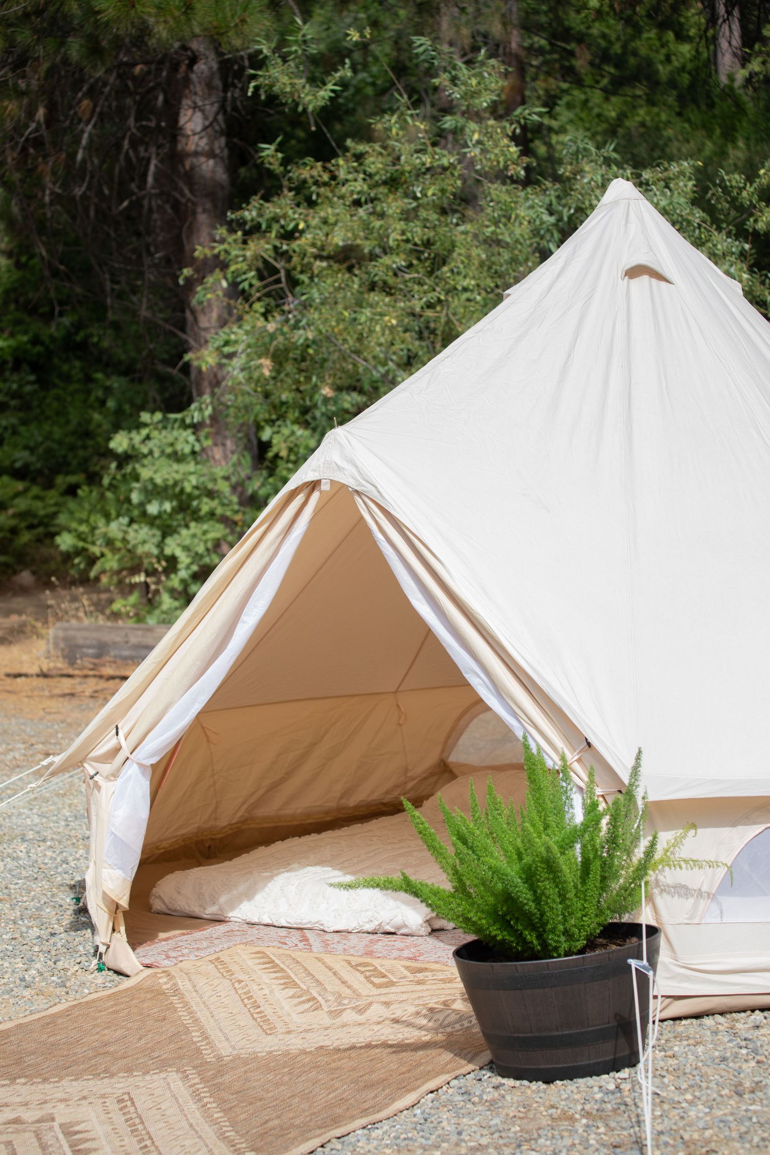 A luxurious white glamping tent with boho decor and a potted fern sits in a natural outdoor setting.