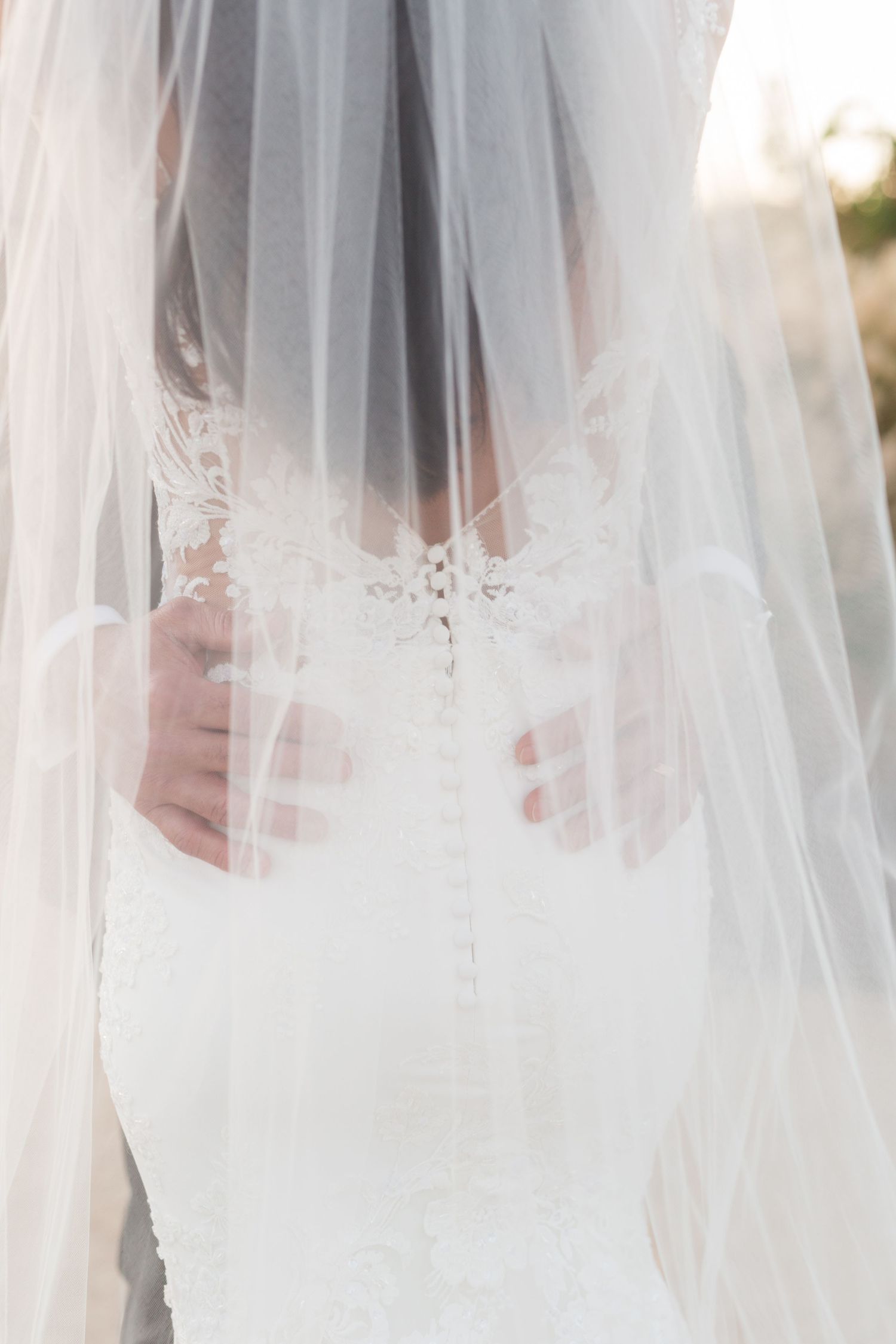 Close-up detail of delicate lace wedding dress through sheer white veil.