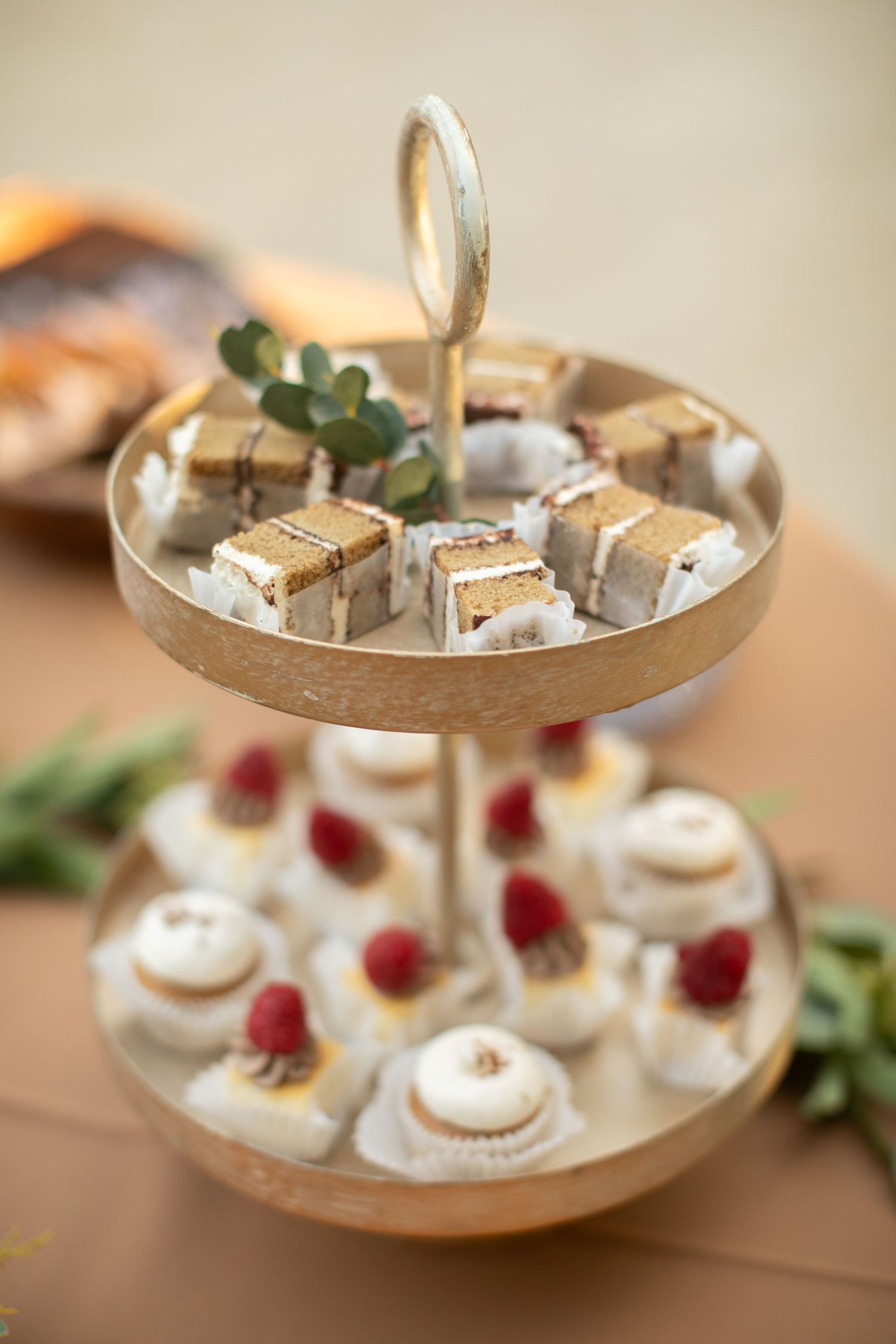Two-tiered dessert stand displaying mini cakes and pastries garnished with fresh raspberries.