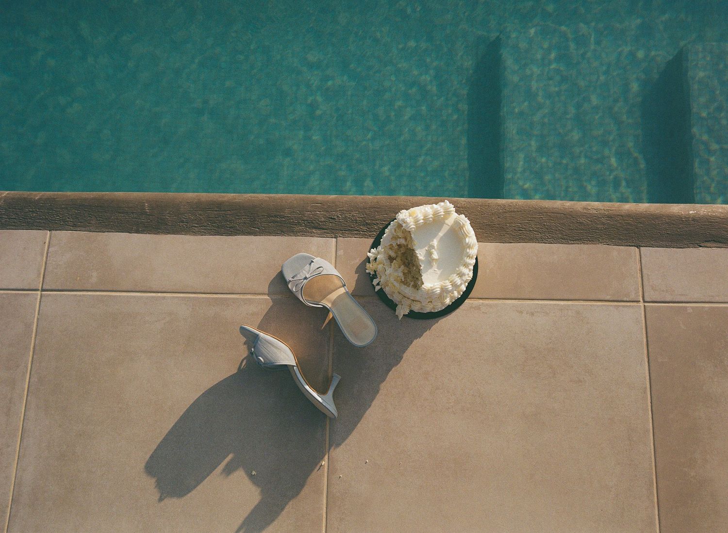 A white cat sits on a tiled floor casting a long shadow against a turquoise wall in sunlight.