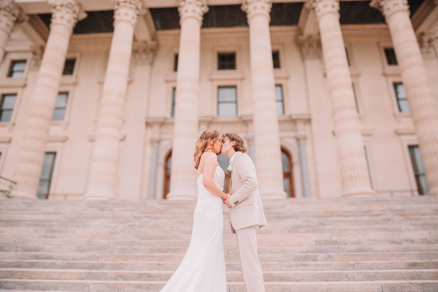 Romantic Wedding Photo of bride and groom at The Capitol building in Topeka, KS.