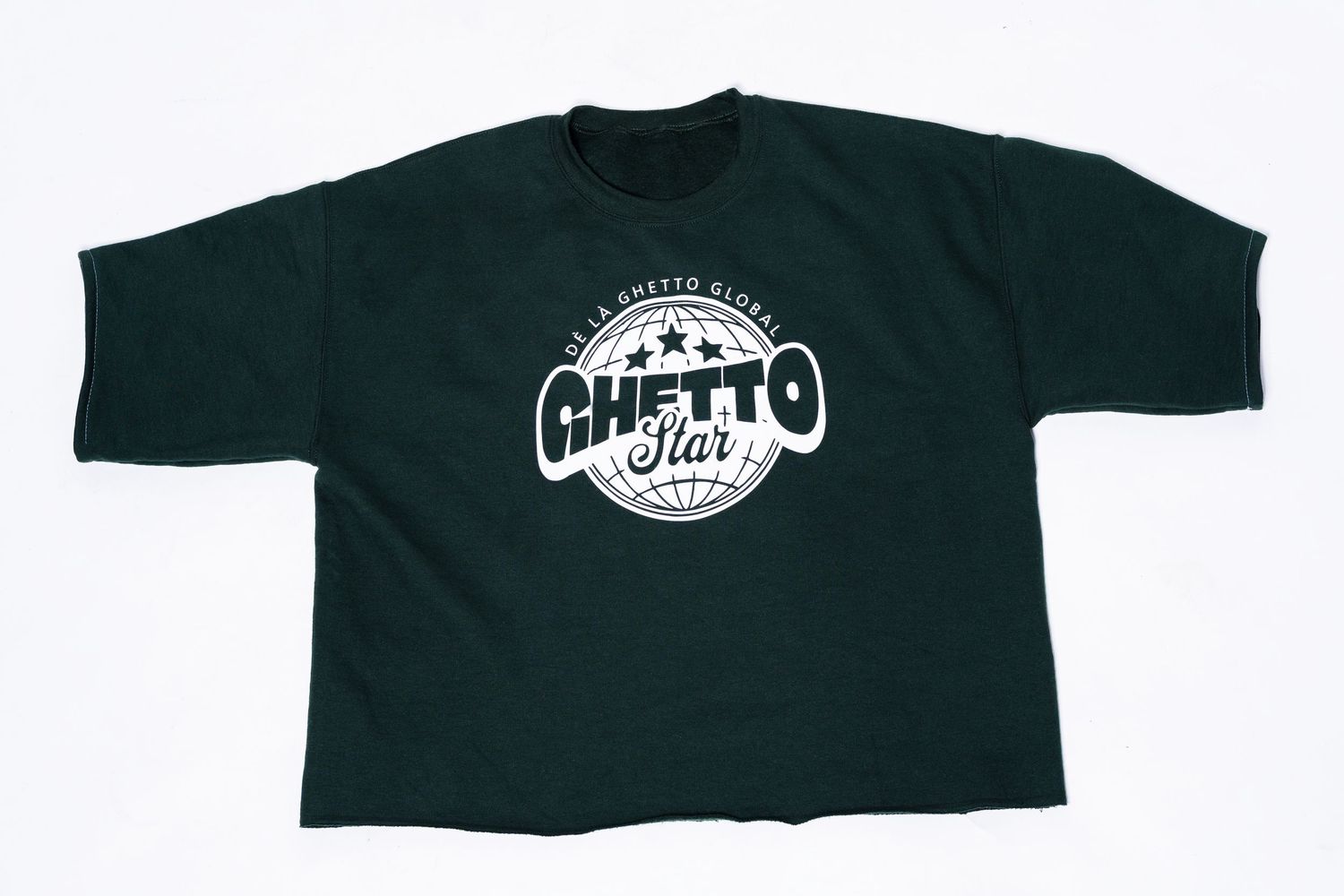 Dark green oversized Ghetto Star branded crop t-shirt displayed on a white background.