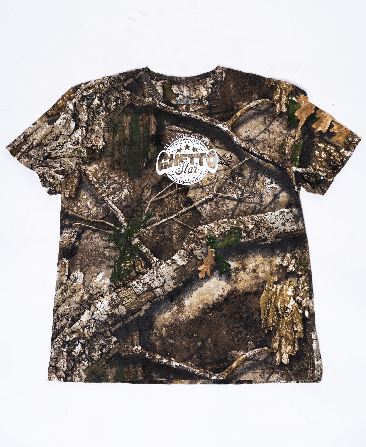 Camouflage t-shirt with Ghetto Star logo displayed flat against a white background.