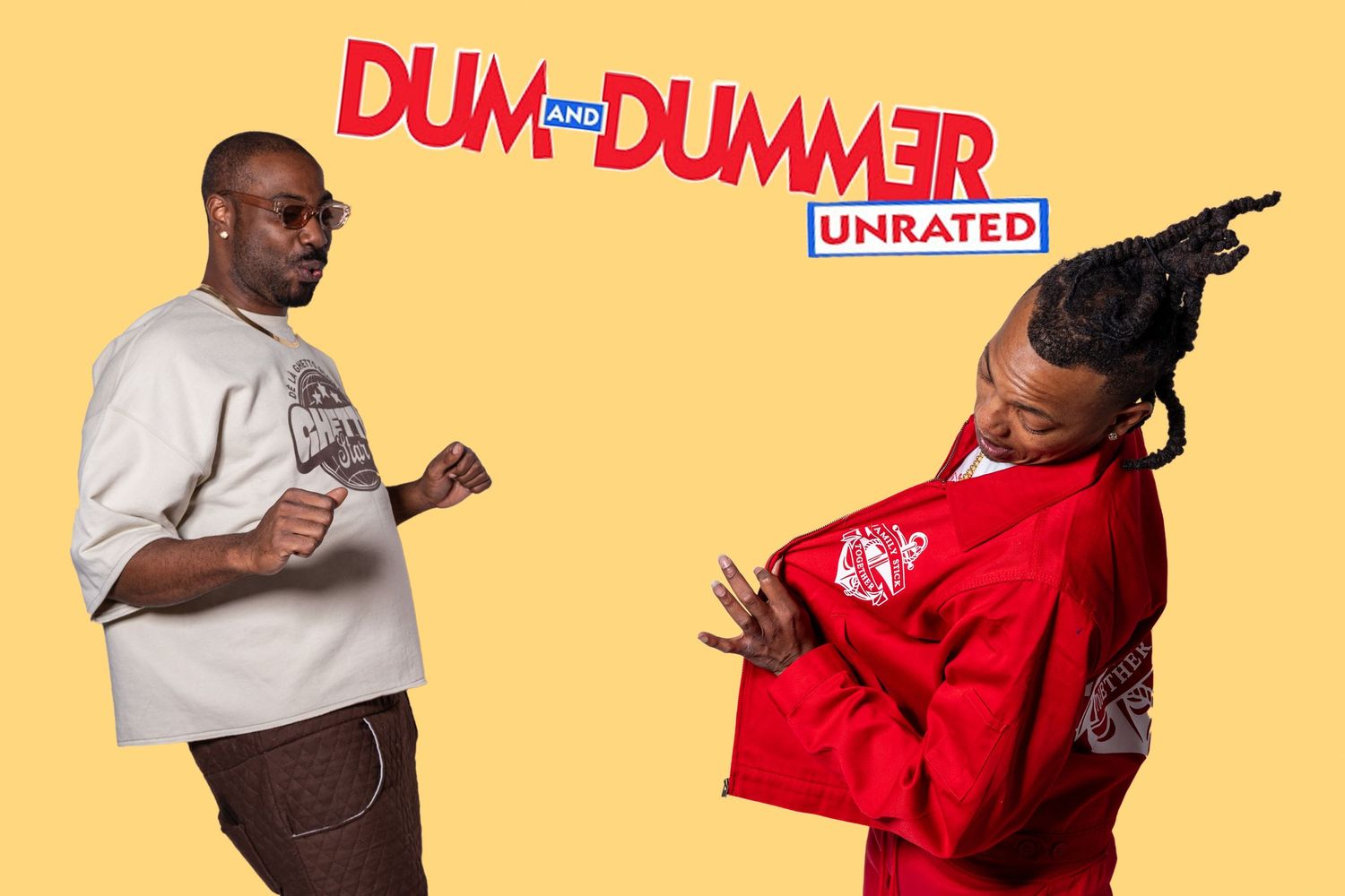 Two men pose for Dum and Dummer Unrated promotional photo against a yellow background.