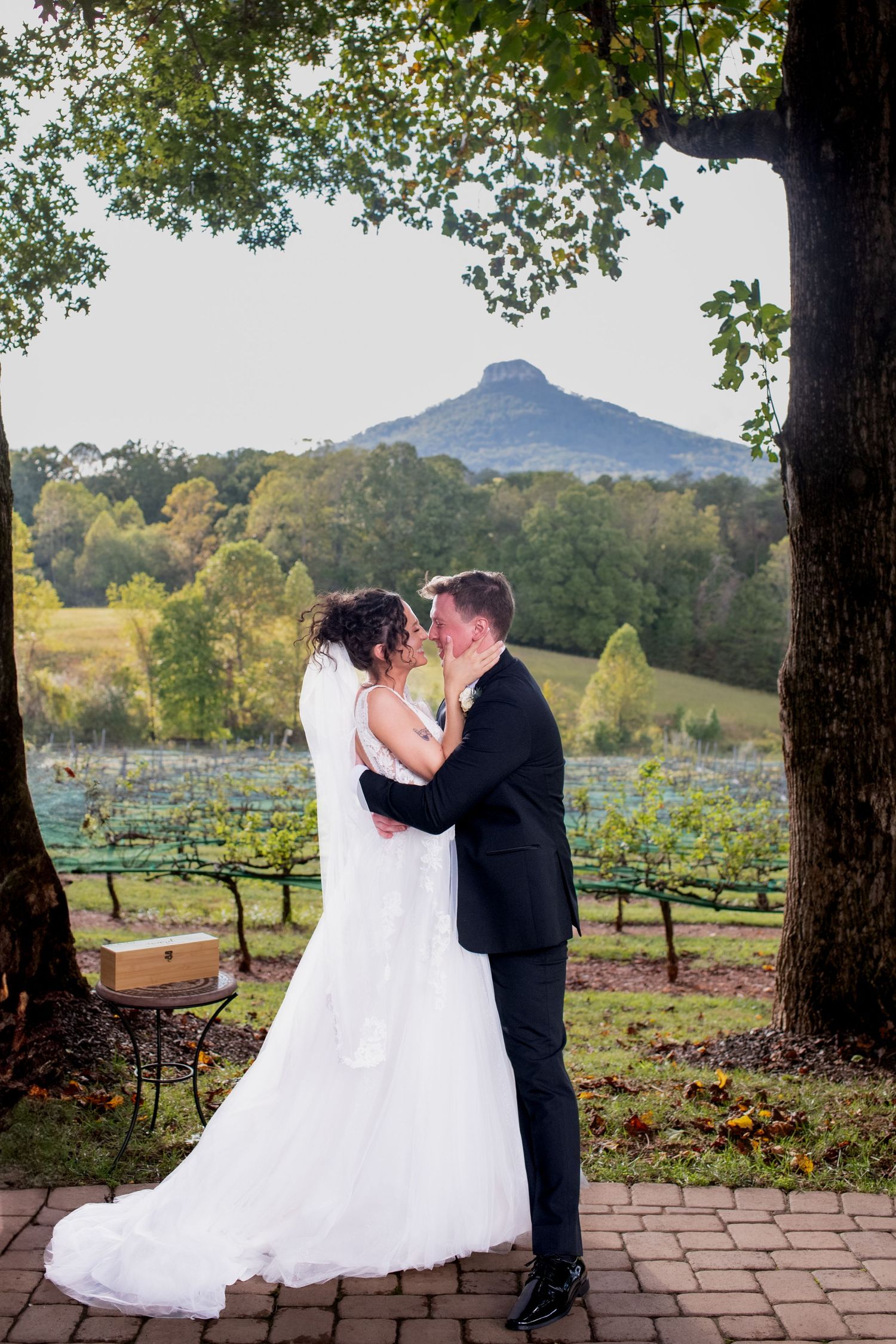 A couple shares romantic moments at a scenic vineyard with mountains and autumn foliage in the background.