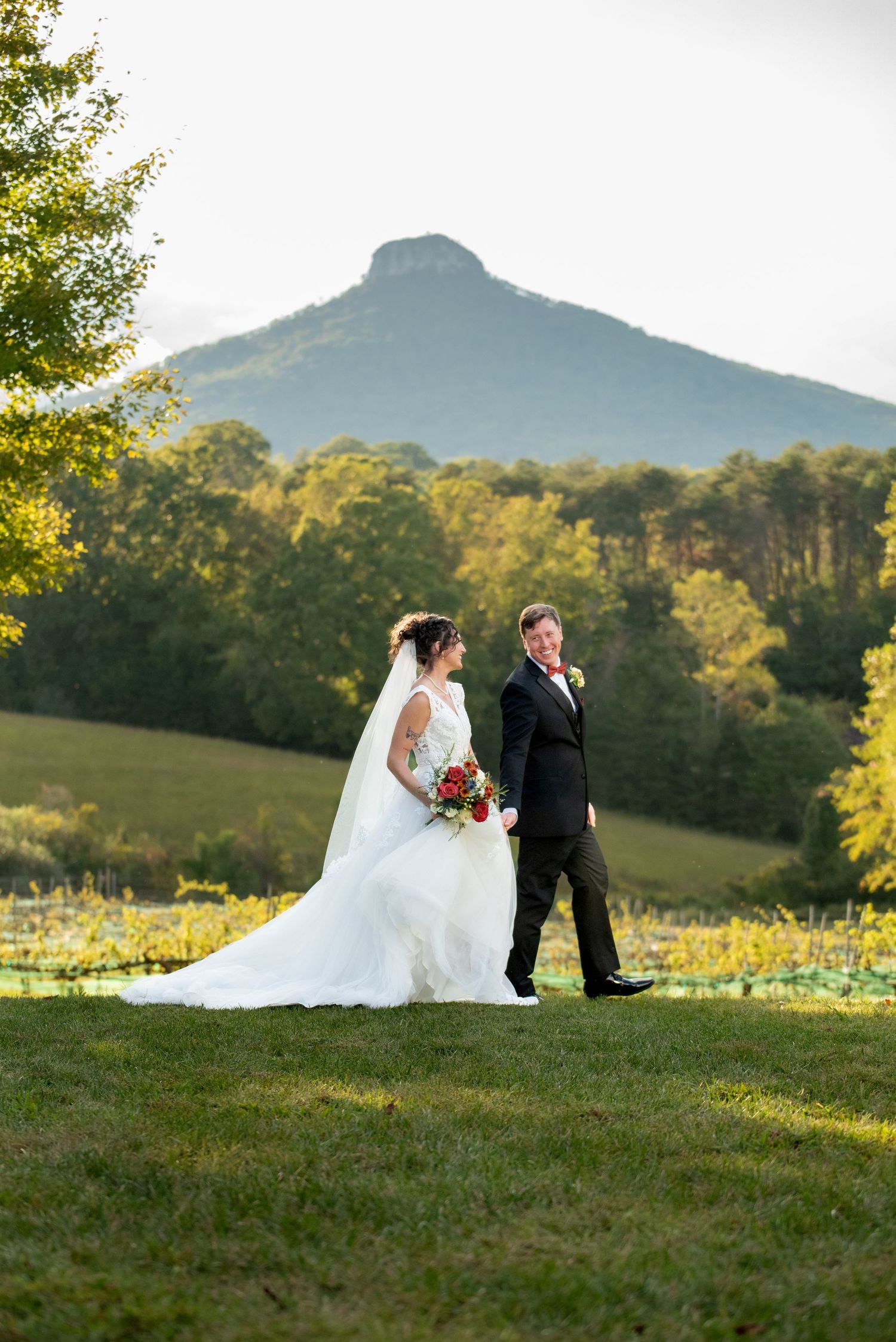Bride and groom stand on lush green lawn with scenic mountain backdrop and vineyard during outdoor wedding ceremony.