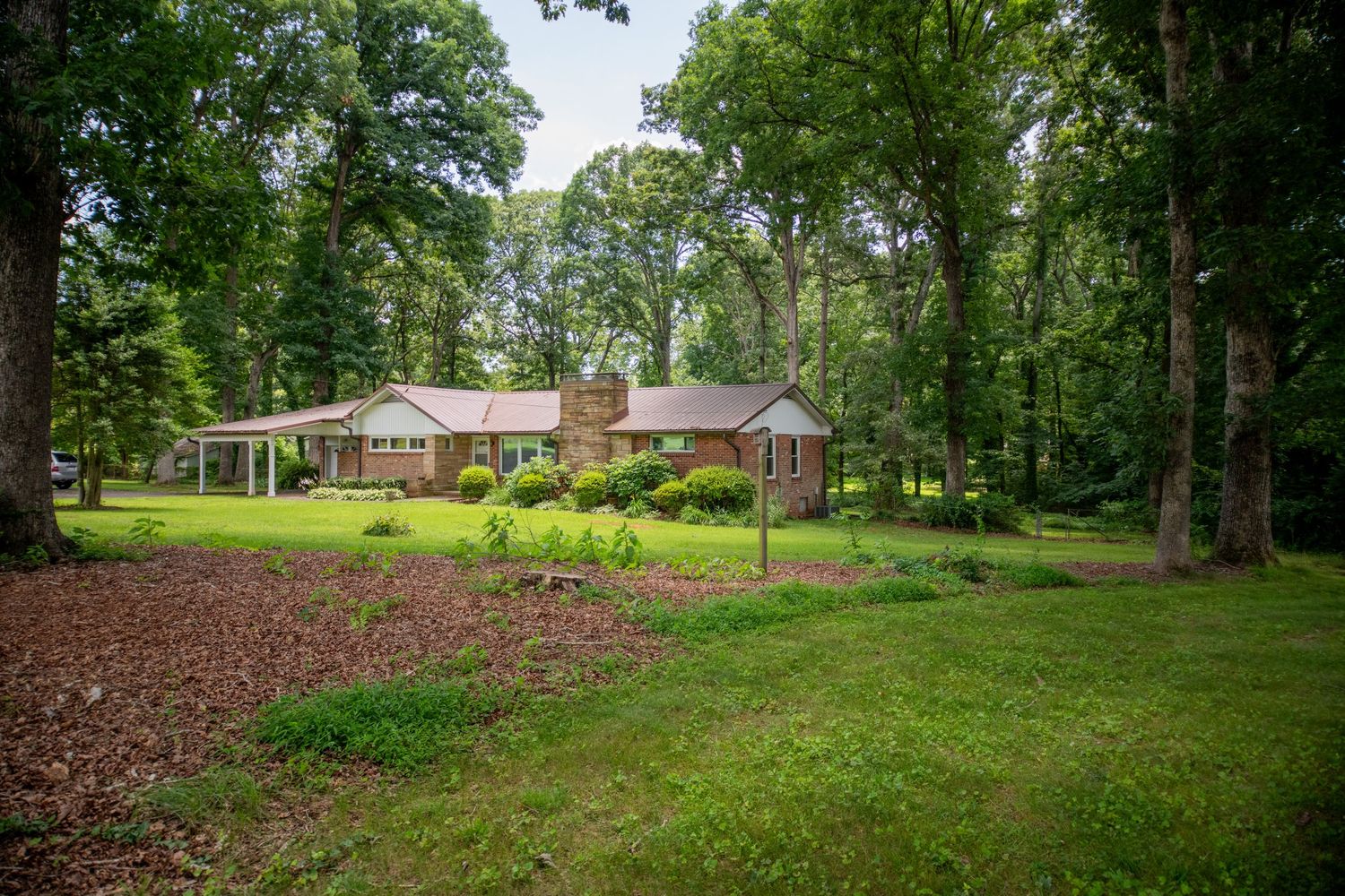 Wooded backyard with mature trees and landscaping leading to a brick ranch-style home.