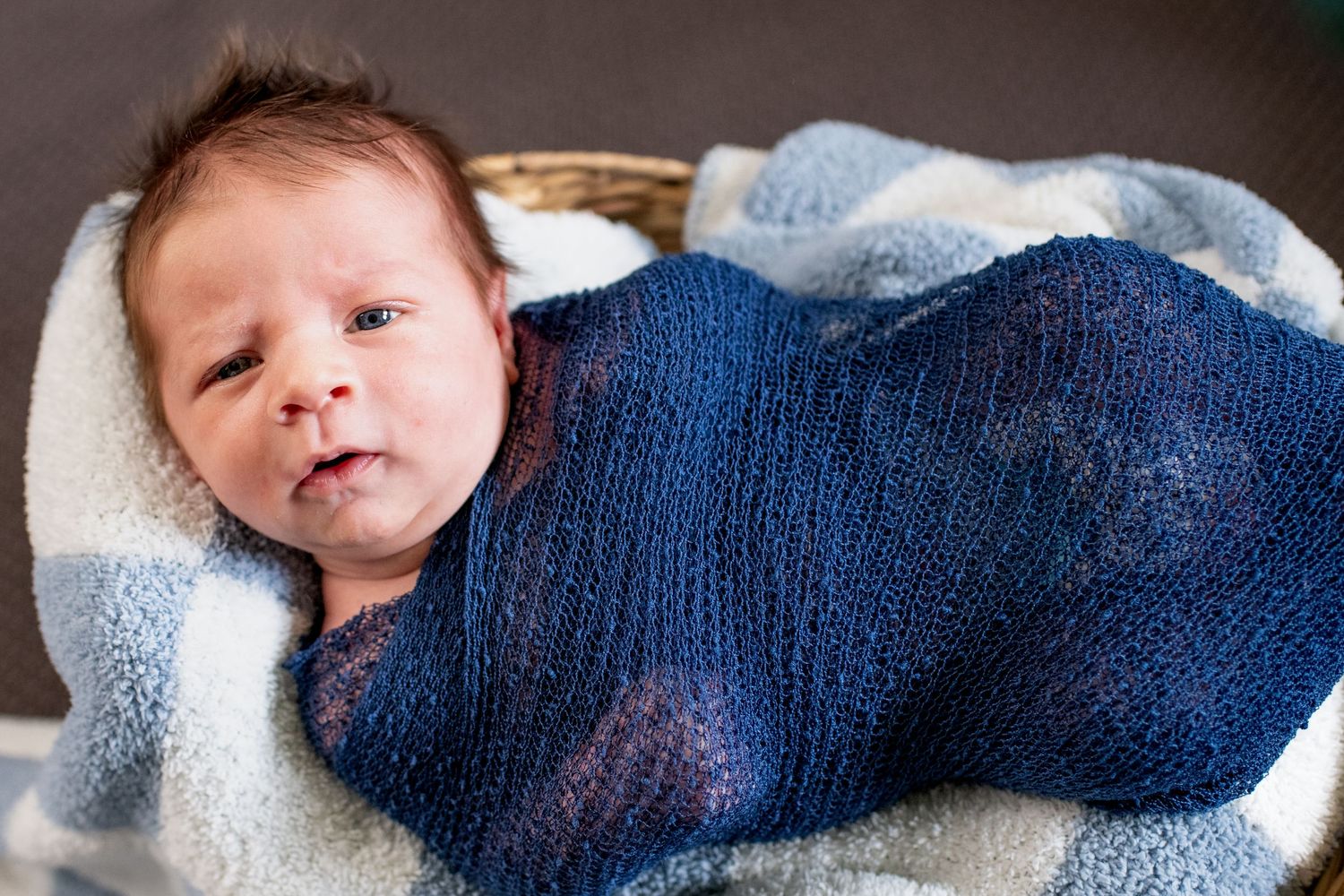 A newborn baby swaddled in blue and white blankets gazes at the camera.