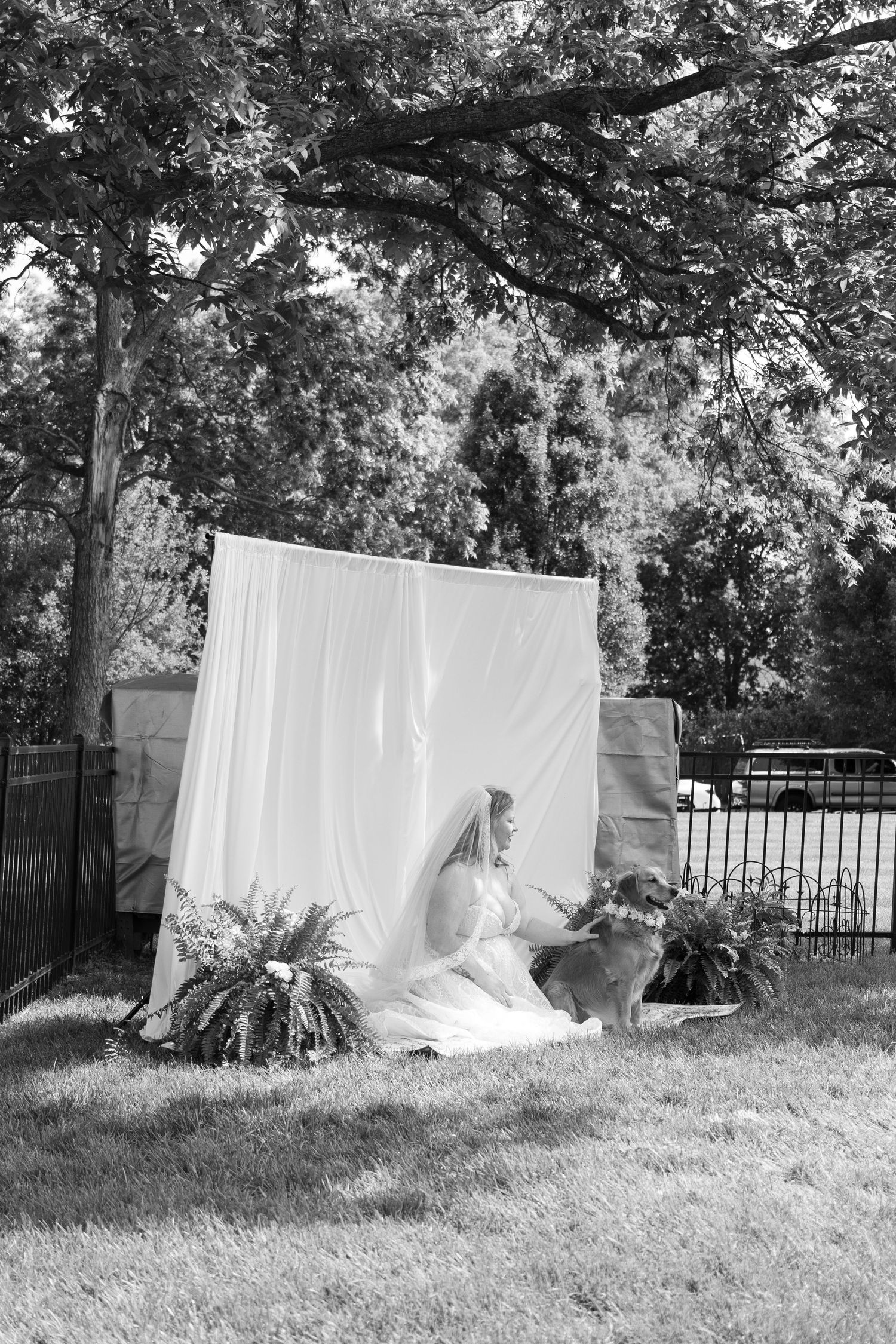 White sheets hang on clotheslines in a backyard garden setting creating a dreamy outdoor backdrop.