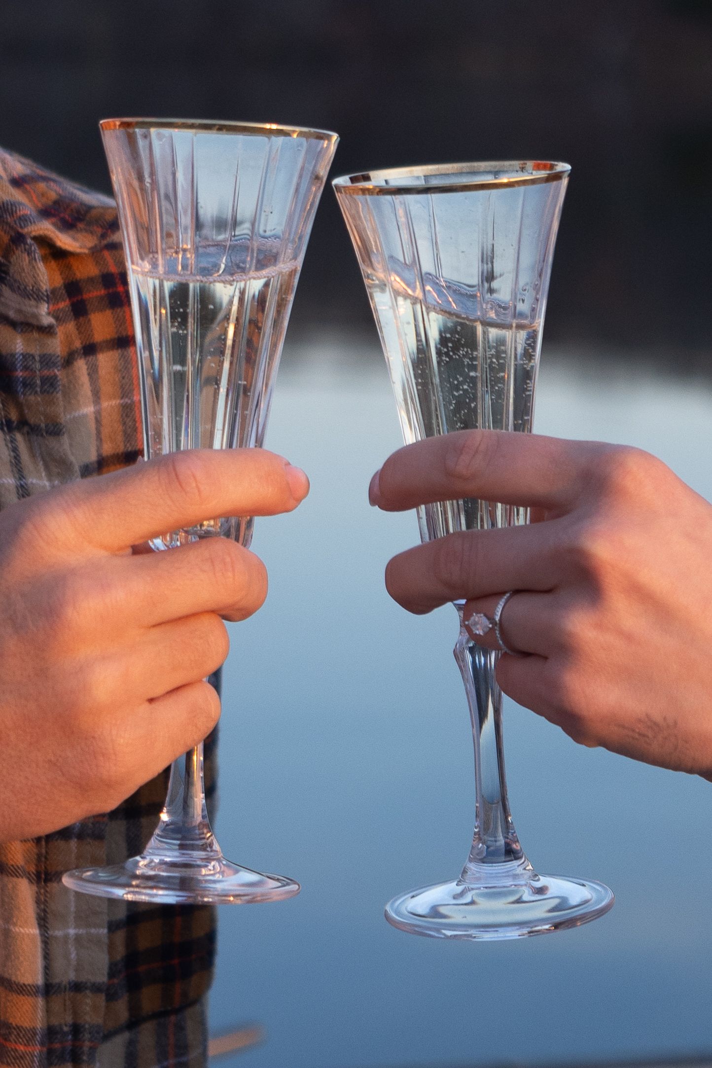 Two hands toasting with champagne flutes against blurred background.