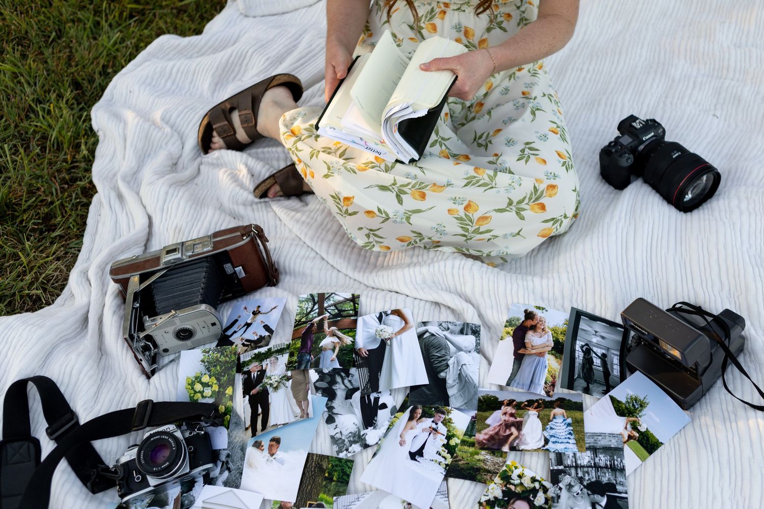 A collection of cameras, photographs and photography equipment laid out on a white blanket in the grass.