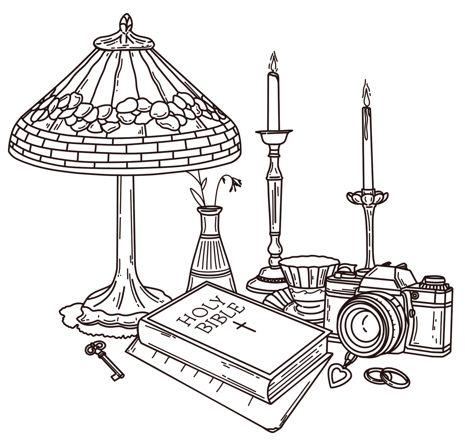 Hand-drawn illustration of vintage table lamps and light fixtures in various decorative styles arranged in a row.