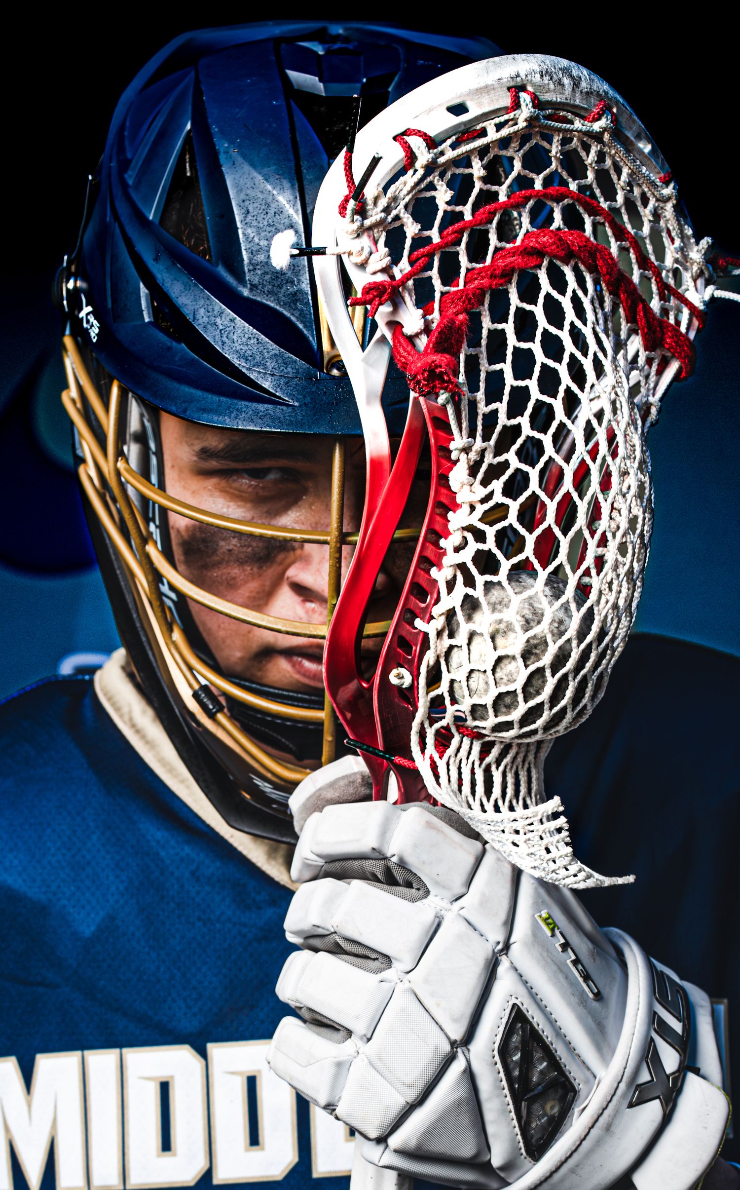 Close-up sequence of a hockey goalie mask showing white and red details against a dark blue background.