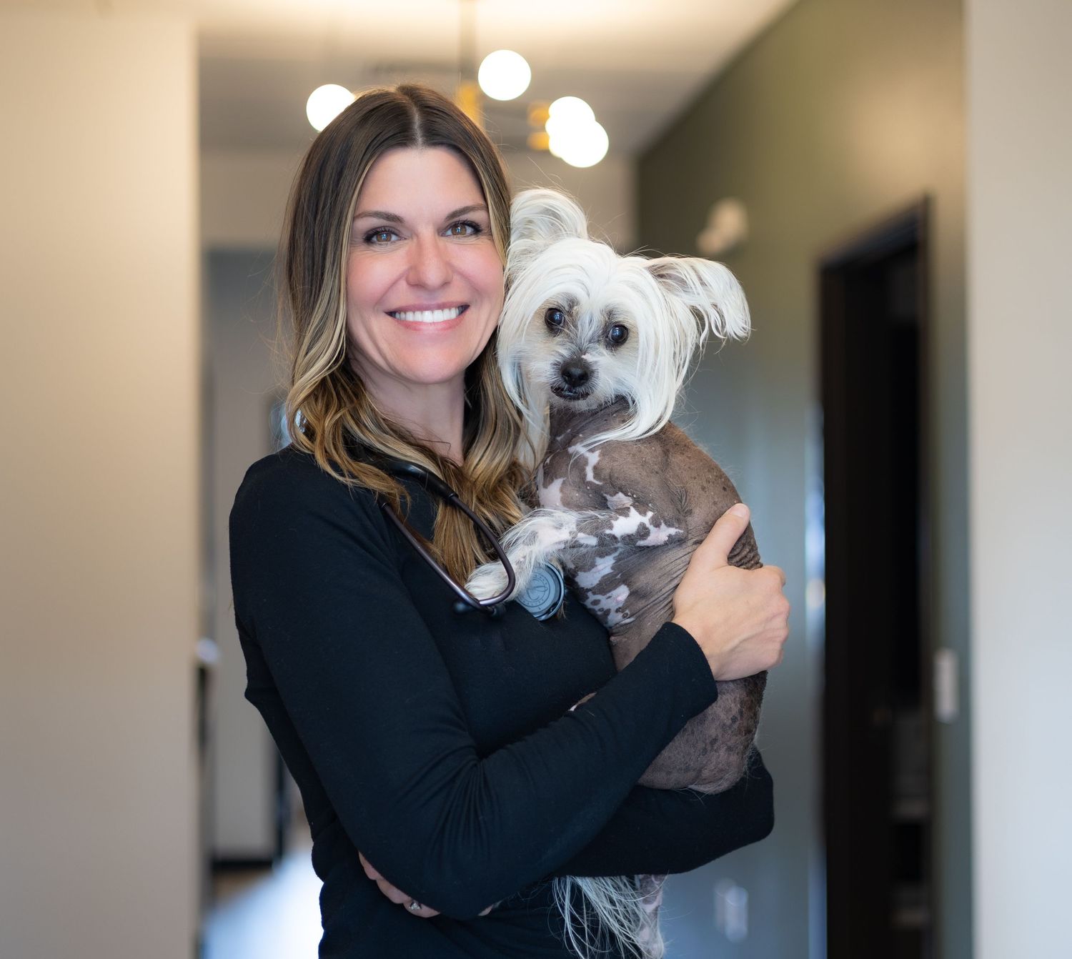 A person in a black sweater holds and cuddles with a small white fluffy dog in a series of affectionate poses.