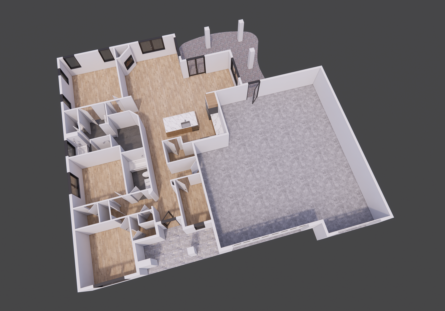 Architectural 3D model showing multiple room layouts and floor plans from different angles in grayscale and beige tones.