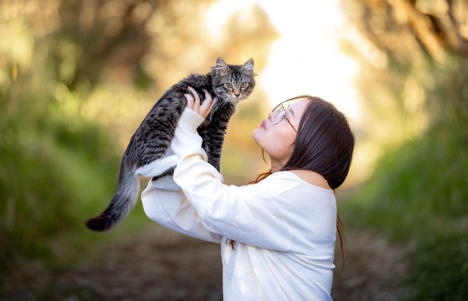 A person in a white shirt holds up a black cat against a warm sunset-lit outdoor background.