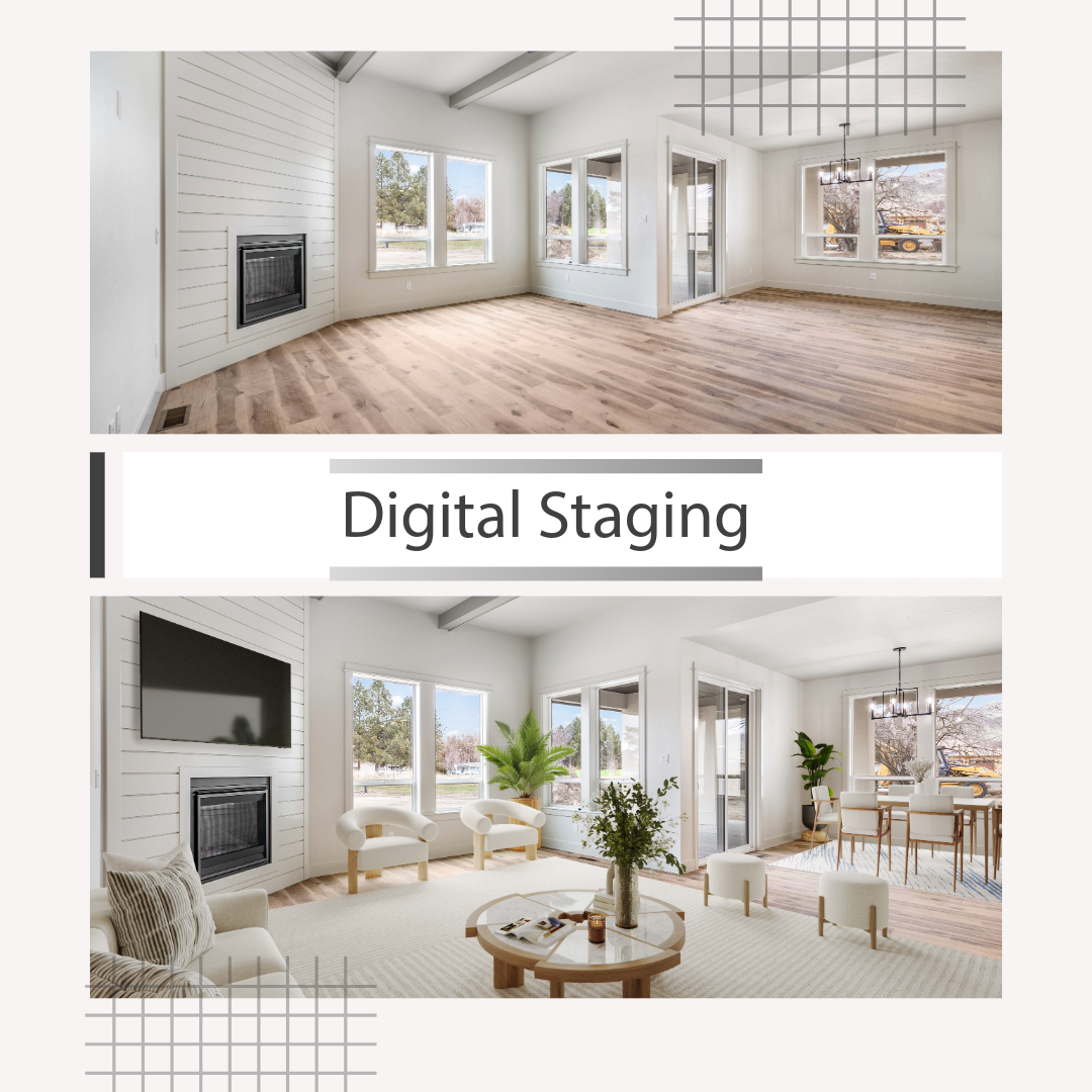 Before and after digital staging comparison showing an empty room transformed into a cozy modern living space with furniture.