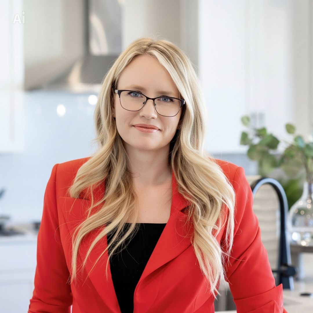 Professional wearing a red blazer and glasses in a bright modern office setting.