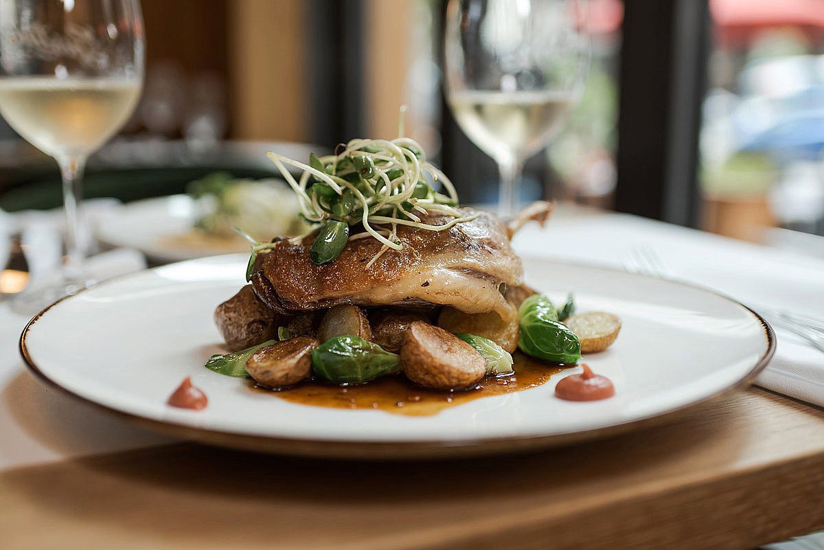 Gourmet fish dish plated elegantly with microgreens and sauce on a white plate with wine glasses in background.