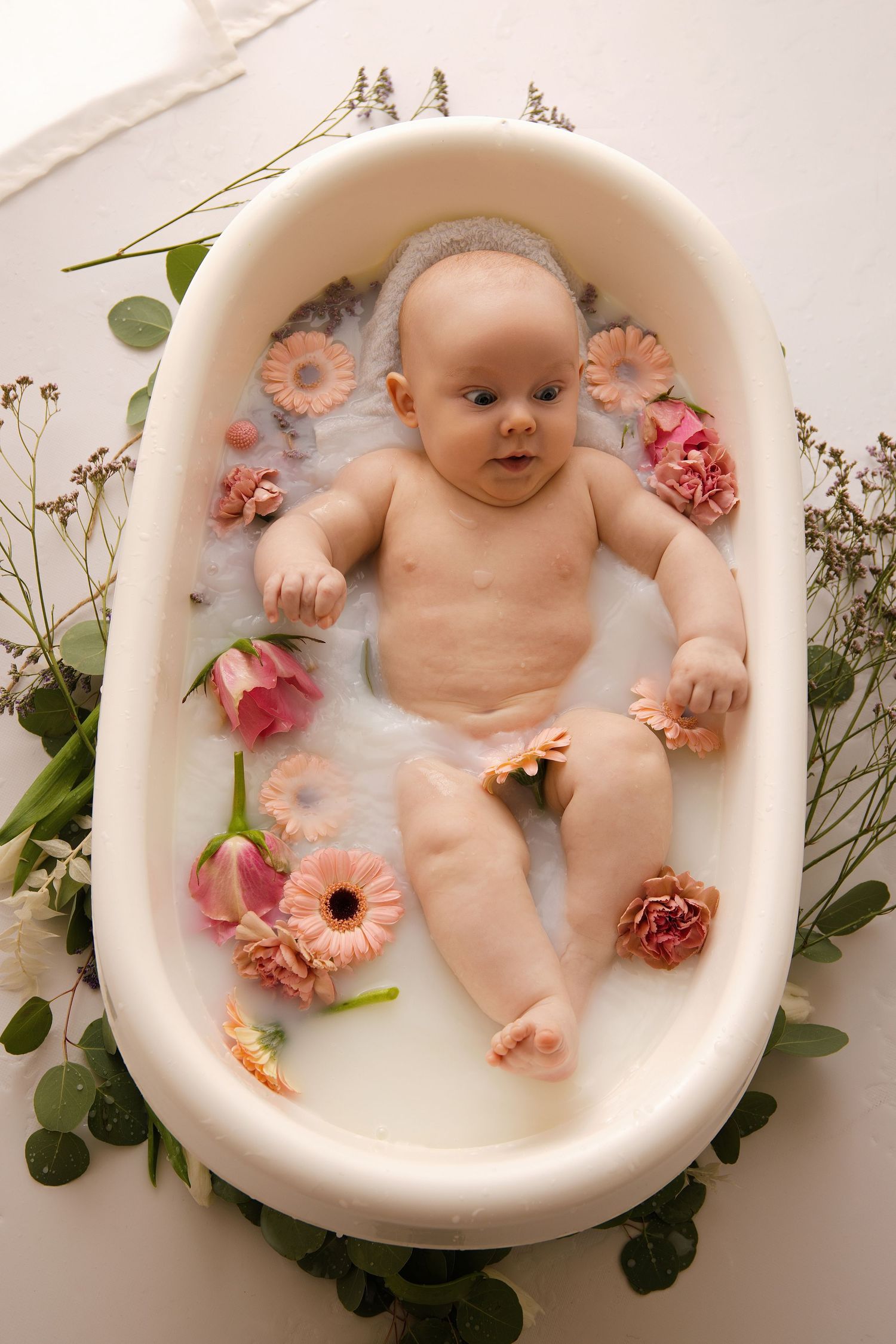 A milk bath photography series featuring pink flowers and greenery arranged around a white ceramic tub.