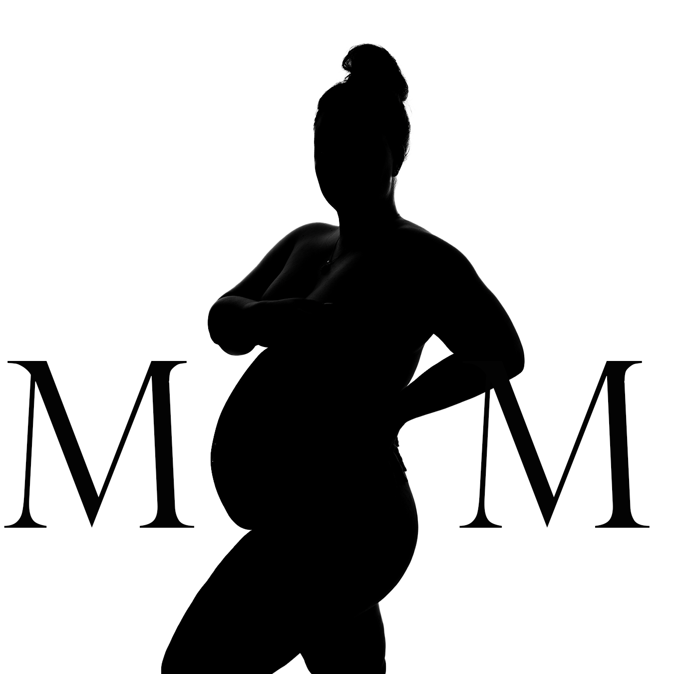 Silhouette of pregnant woman with 'MOM' text design in black and white minimalist graphic style.