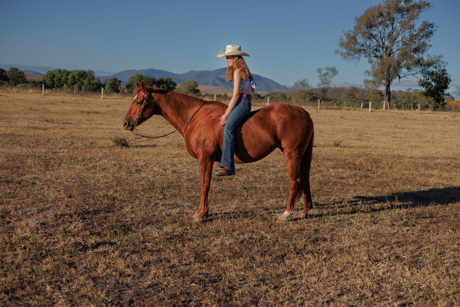 Woman in cowboy hat riding a chestnut horse in a dry open field with mountains in the background.